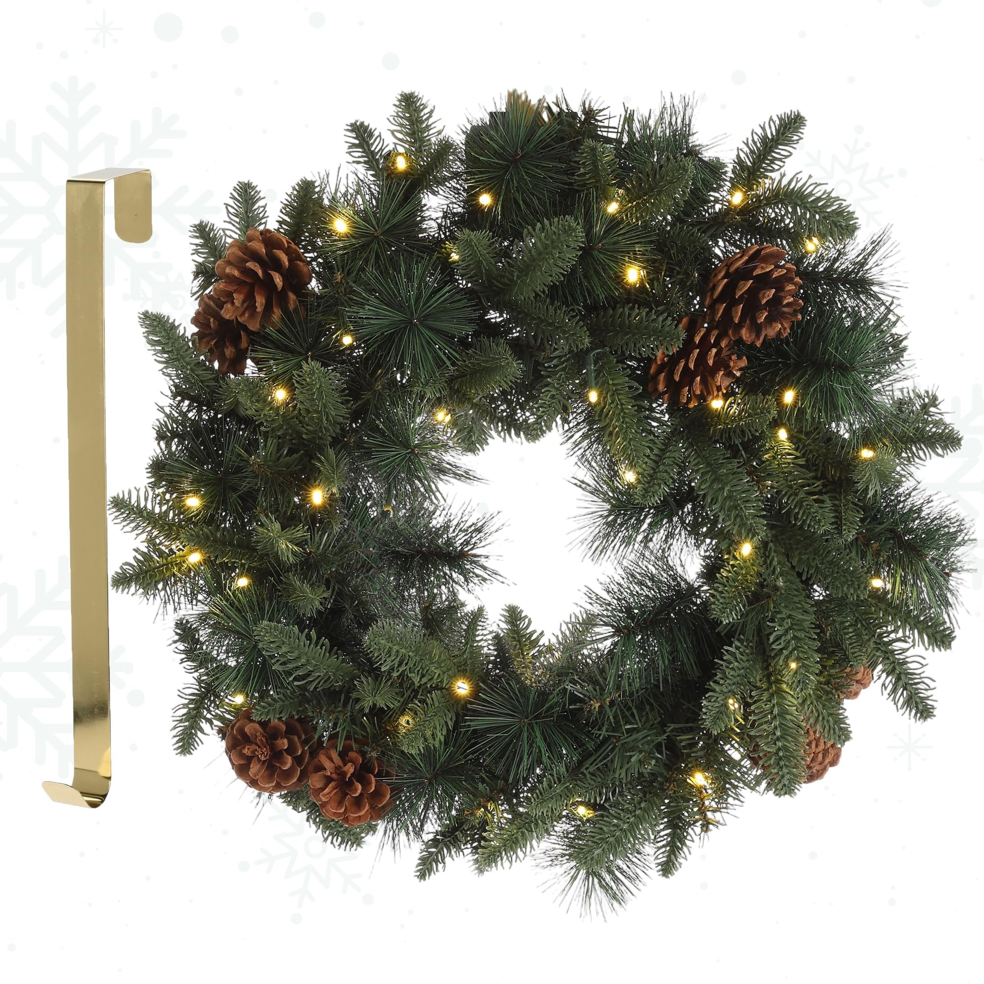 MeisterHome ® Künstlicher Weihnachtskranz Adventskranz für Tür Ø 50 cm - Weihnachtlicher Türkranz für Innen und Außen mit 35 LEDs, Timer und Kiefernzapfen-Beeren-Dekoration + Goldfarbener Aufhänger