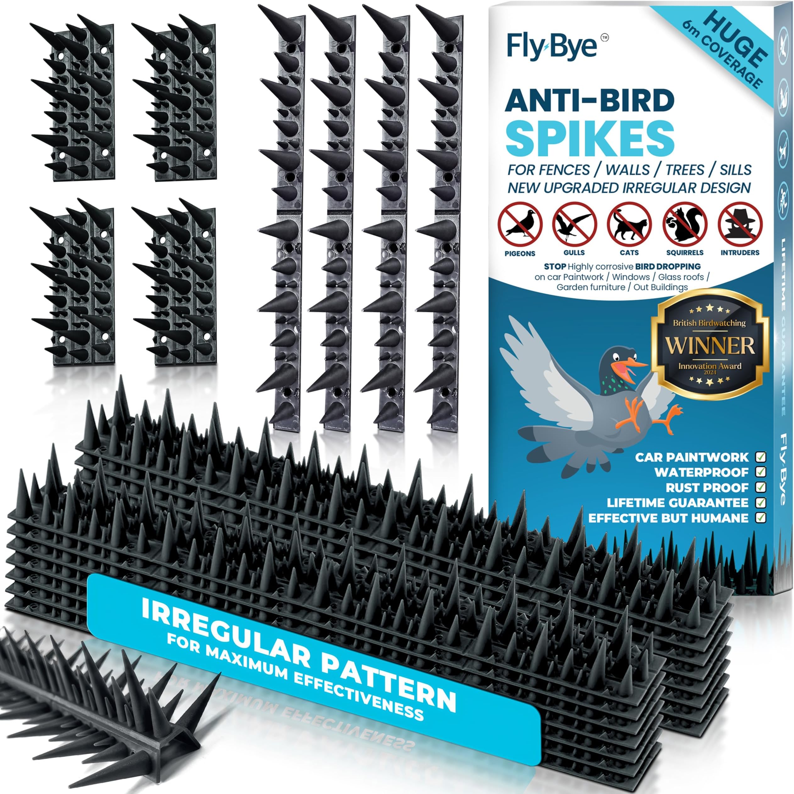 Fly-Bye Anti Bird Spikes - 6m Coverage with 2500+ Spikes - Pigeon and Bird Deterrent for Walls, Fences, Roofs - Irregular Design for Effective Cat and Bird Control Outdoors