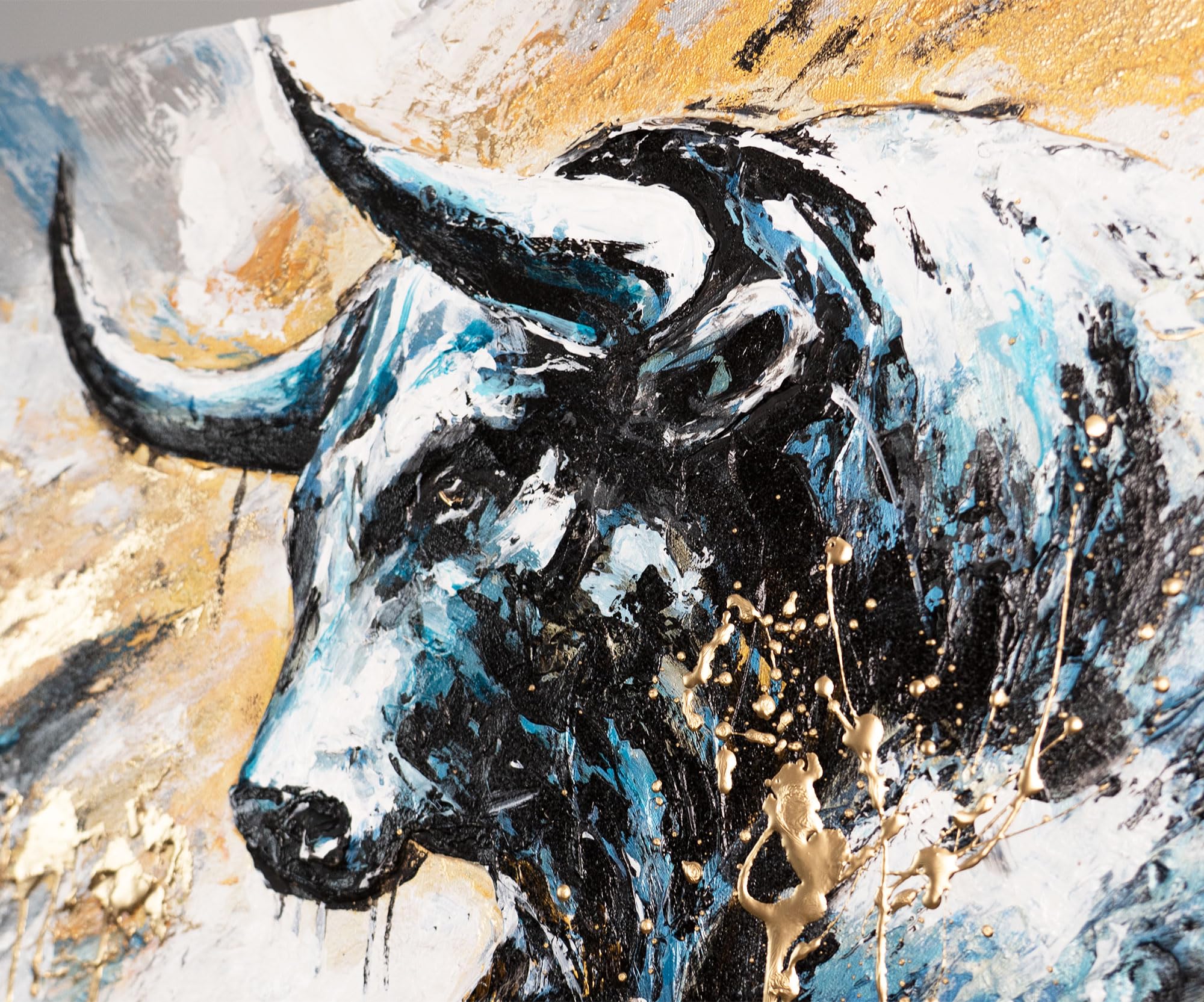 YS-Art Quadro Astratto Toro Nero e Oro - Dipinto a Mano su Tela Materica