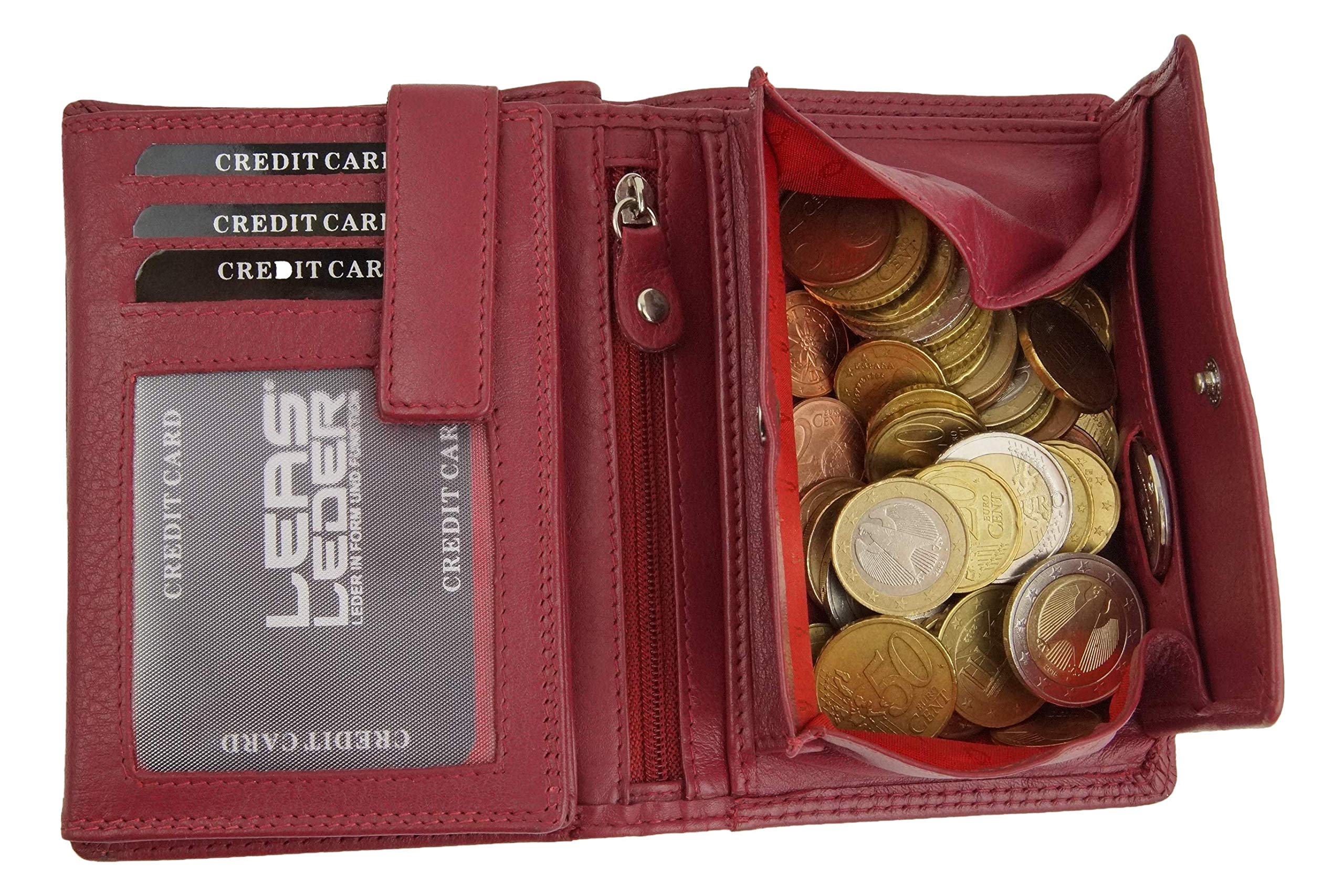 Cartera Hombre Monedero Mujer pequeña de Piel, Estilo Box para señores y señoras RFID Monedero Protección de Informaciones privadas Cartera de Bloqueo RFID LEAS, Piel auténtica, Rojo