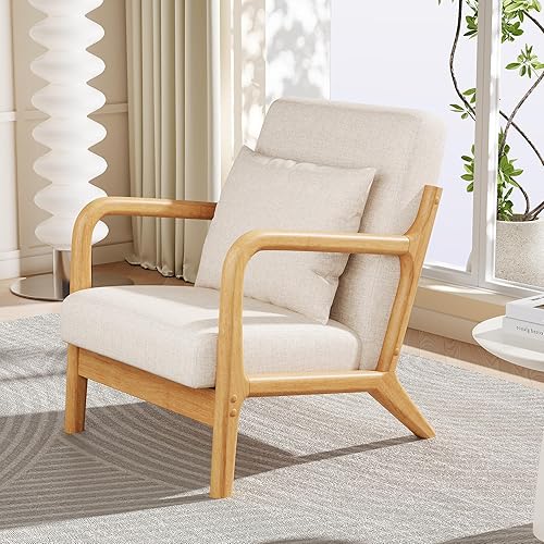 Maggym Silla decorativa moderna con marco de madera, sillón tapizado con cojín trasero, cómodo sillón de lectura para sala de estar y dormitorio