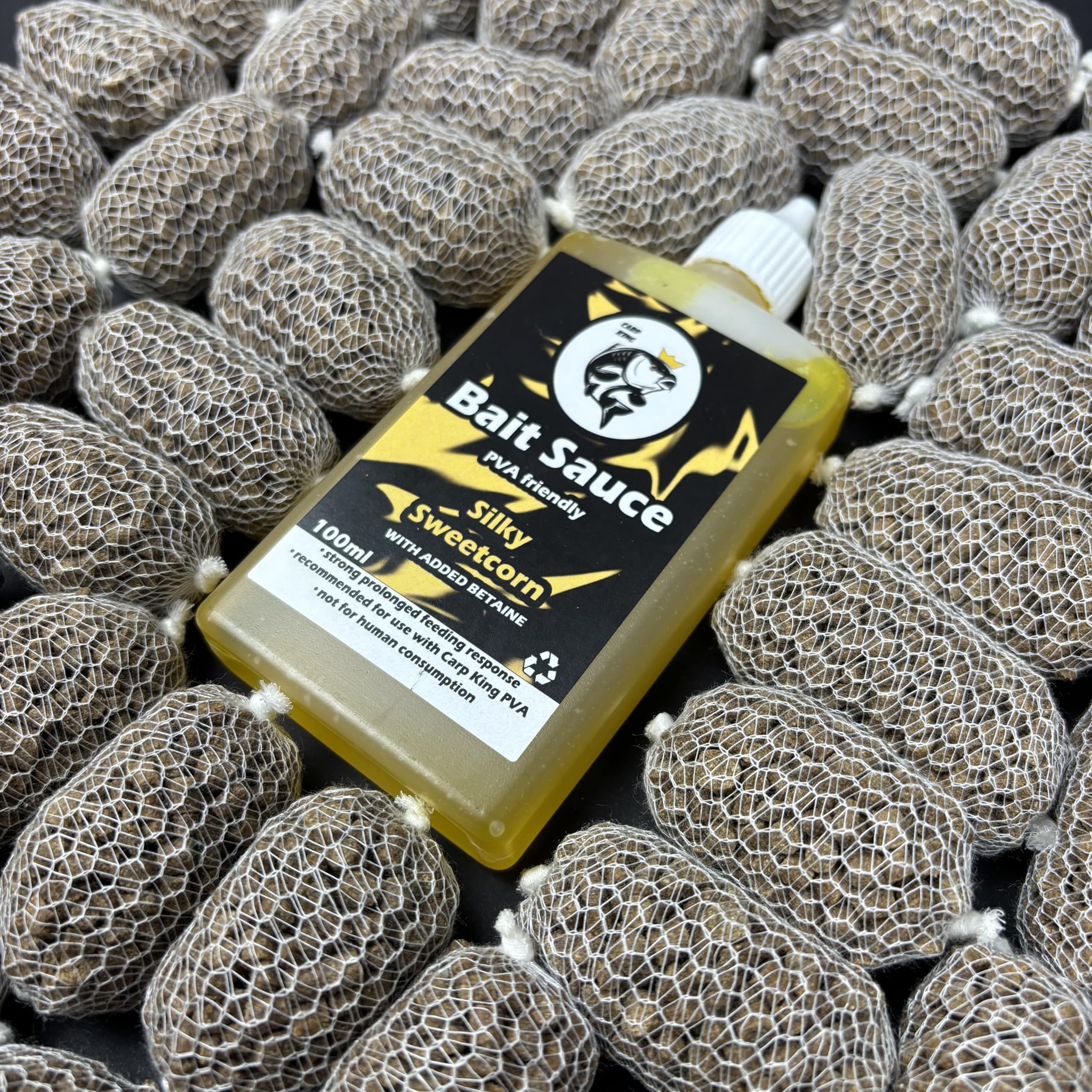 CARP KING PRE TIED PVA SESSION PACK (SWEETCORN BAIT SAUCE) 25 PRETIED BAGS + SAUCE