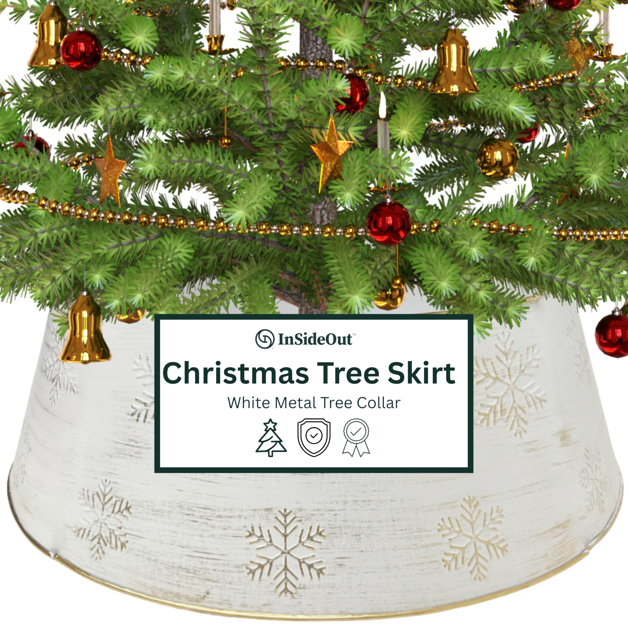 Snowflake White Christmas Tree Collar, Holiday Tree Skirt Alternative, Christmas Decorations for Tree, Decorative Metal Tree Ring, Fits Most Standard Tree Stands, White Snowflake Design
