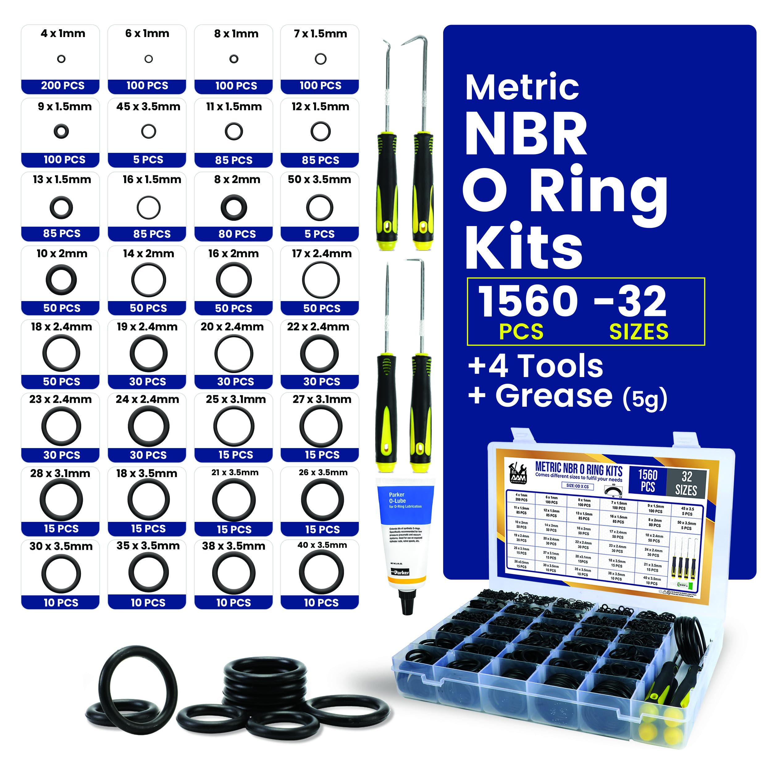 O-Ring-Set, 1560-teilig, 32 Größen, O-Ring-Set, Nitrilkautschuk, Set mit 4 Haken und Fettschlauch für Auto, Sanitär, Hochdruckreiniger