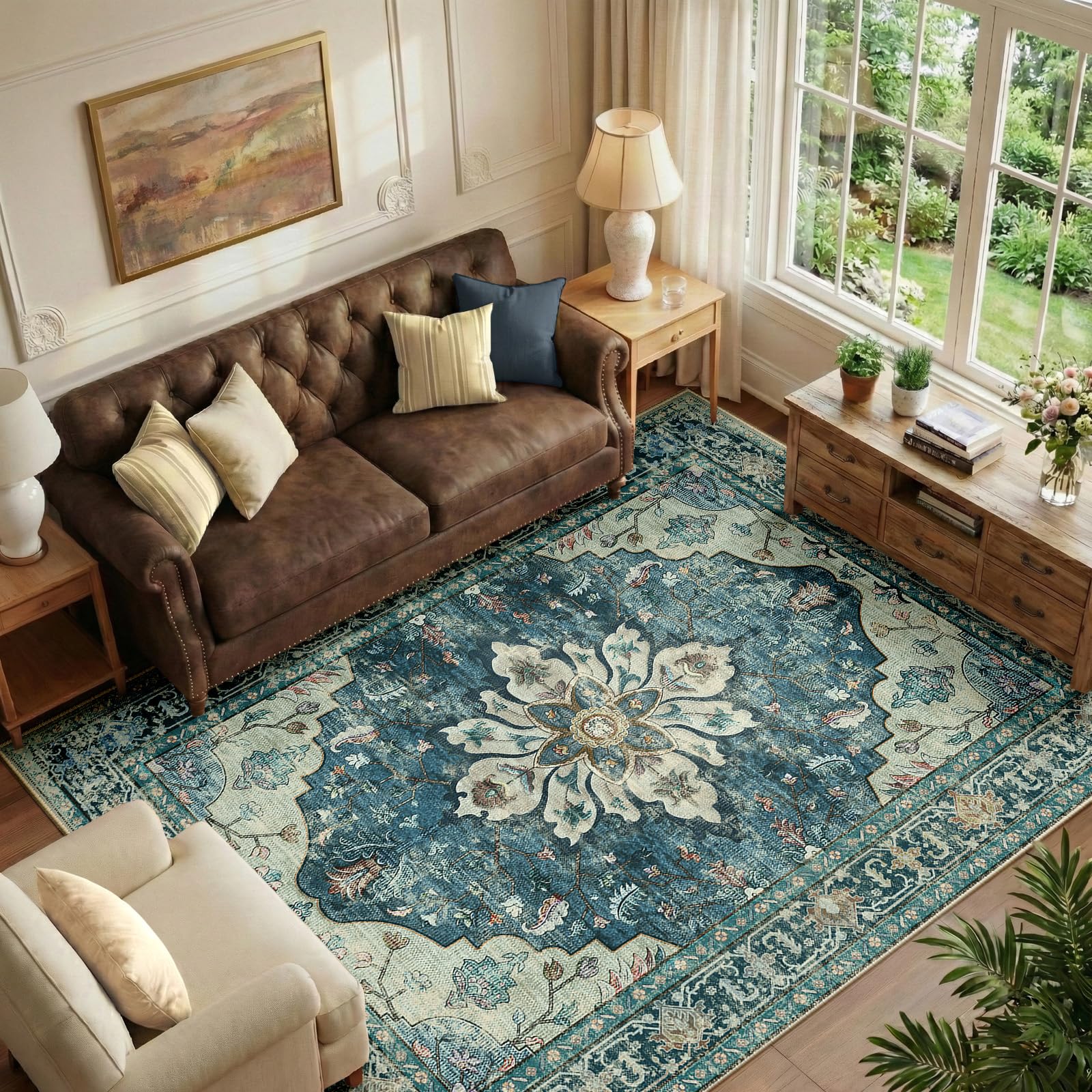 RELEANY Area Rugs 6'x9' Washable Non-Slip, Floral Vintage Distress Print Pattern Medallion Carpet for Living Room Bedroom Dining Room, Dark Blue
