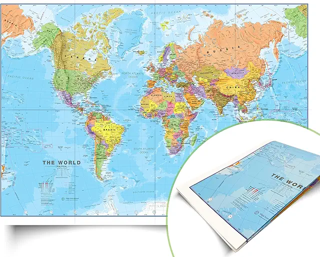 Carte du monde murale pliée - Mise à jour 2025 - 84x60 cm - Maps International