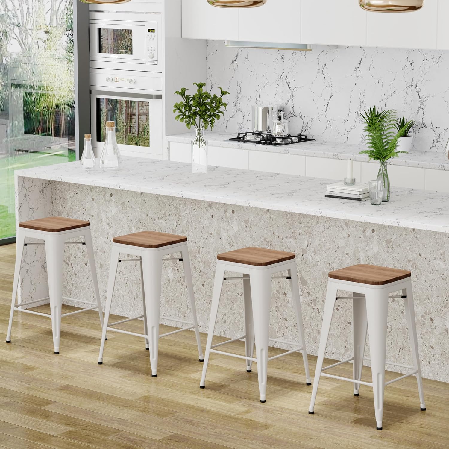 Changjie Furniture Bar Stools Industrial Counter Height Bar Stools Stackable Backless Barstools Set of 4 for Kitchen (24 inch, White)