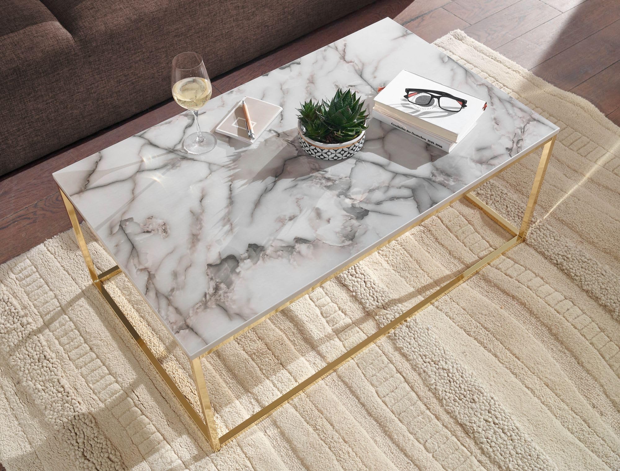 FineBuy Couchtisch 100x60x40 cm Weiß Marmor-Optik, Goldgestell | rechteckiger Wohnzimmertisch pflegeleicht, Sofatisch mit sicherem Stand, Loungetisch für Deko