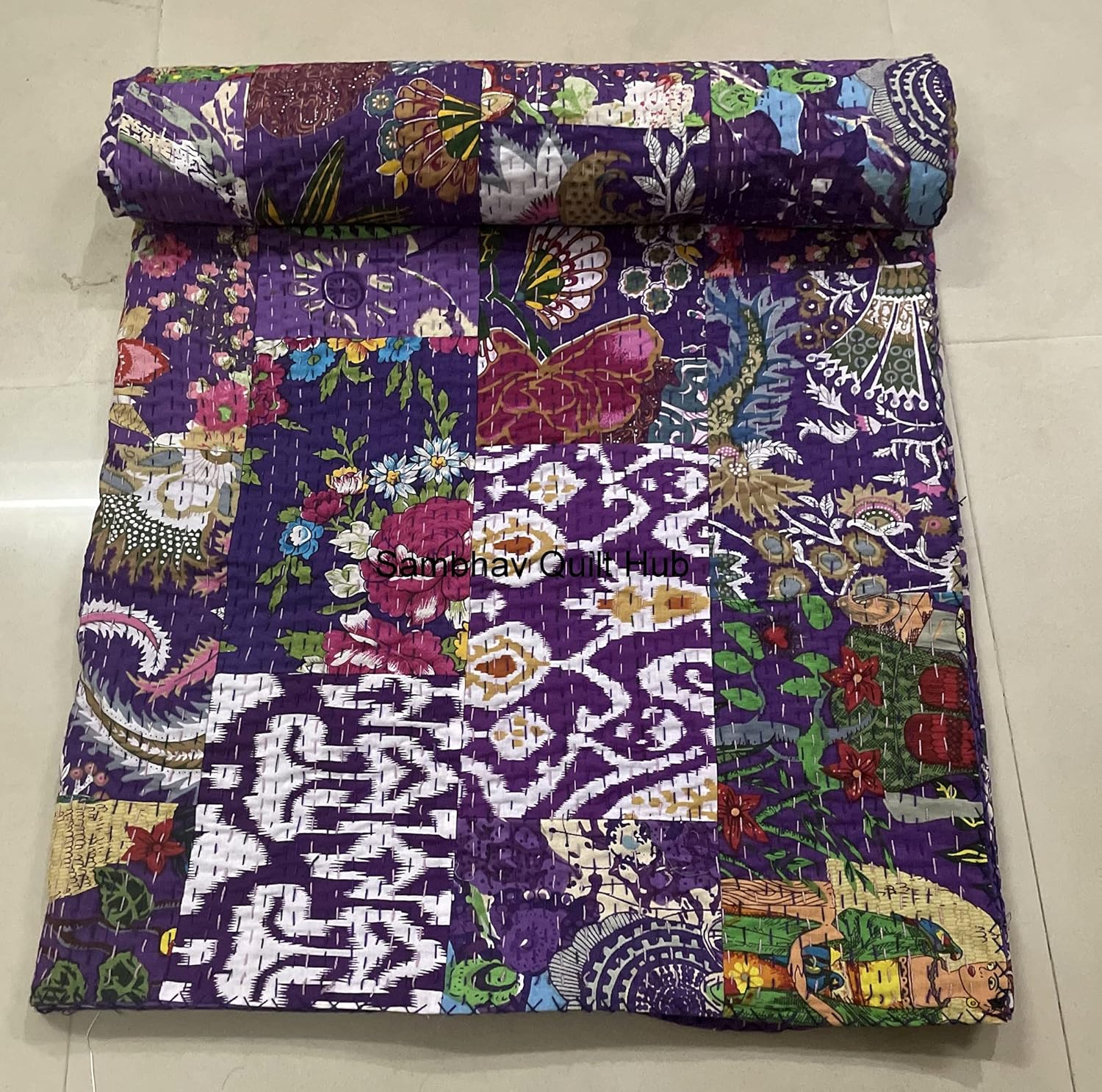 Purple Handblock Multi Floral Assorted Cotton Patchwork Kantha Quilt Home Decorative Handmade Patch Quilted Twin Size Bohemian Bedding Throw Blanket Vintage Quilt