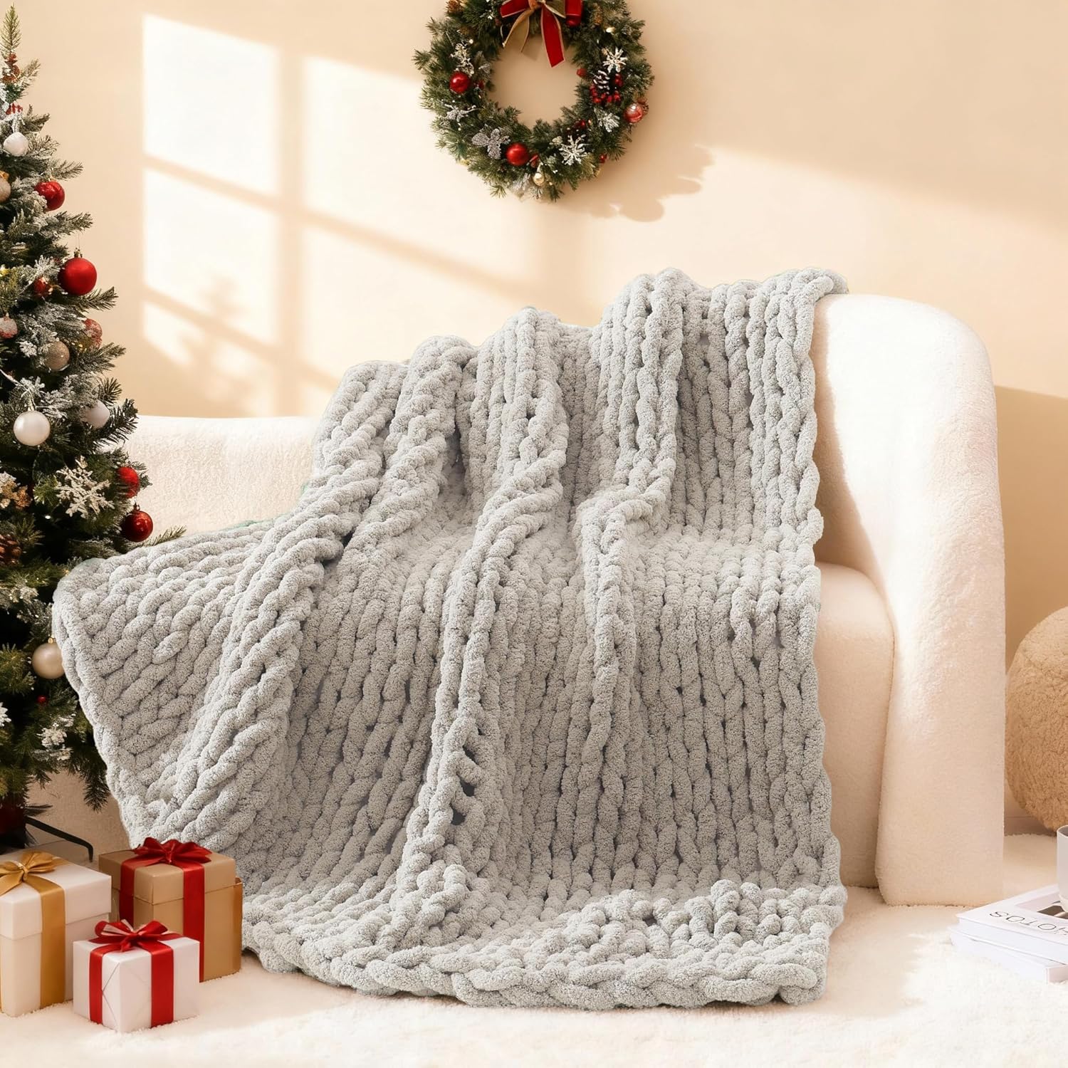 wrensonge chunky knit blanket throw taupe large soft fluffy cable knit crochet throw 100% hand knitted blanket for couch bed(50"x60") taupe 50*60 inch