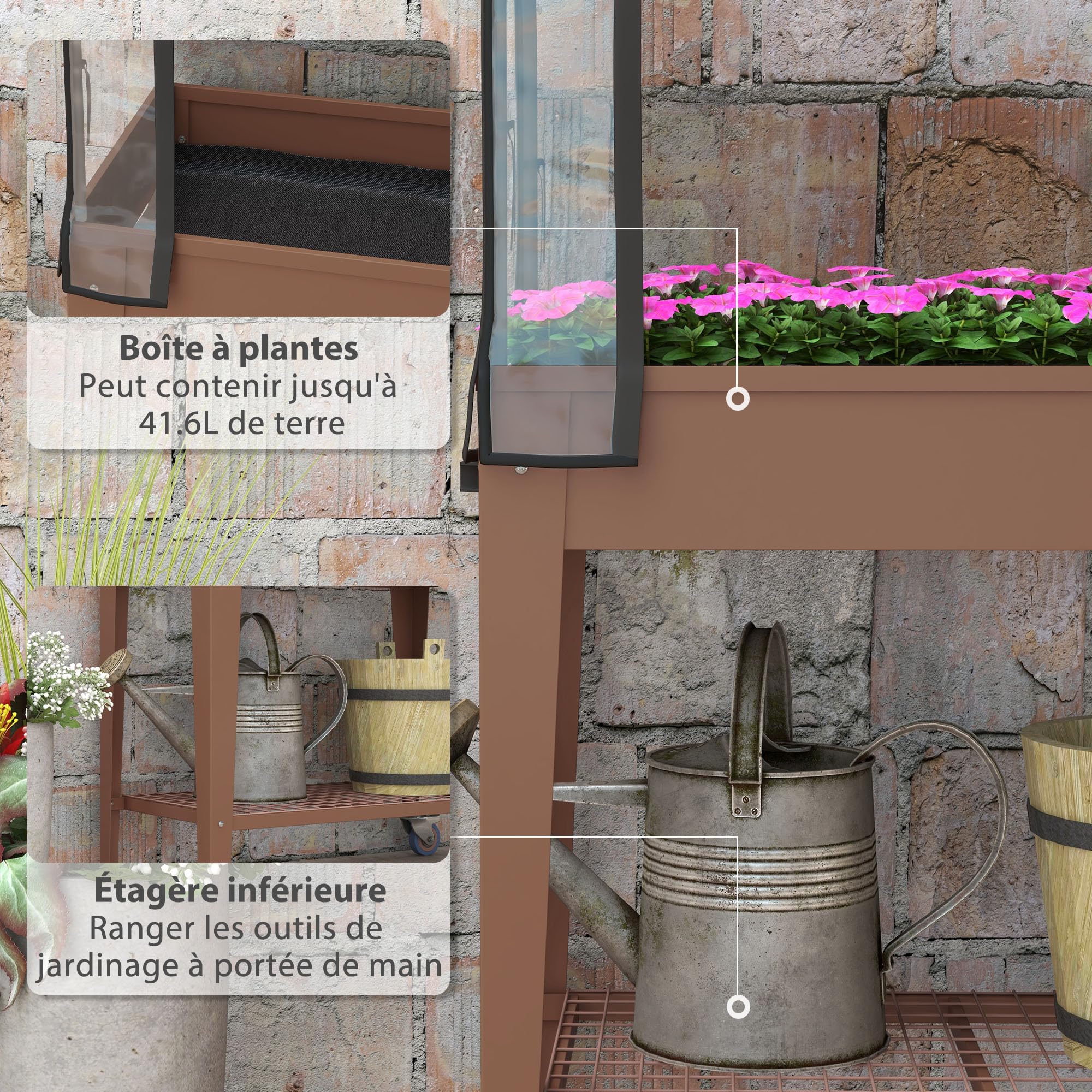 Outsunny Jardinière Surélevée Potager Bâche 80L x 40l x 120H cm Marron | Transparente, Mini Serre de Jardin, 2 Roulettes, 1 Étagère Inférieure, pour Légumes, Fleurs