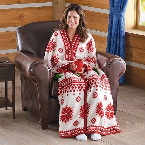 Miniatura 9 de Collections Etc Nordic Snowflake Blue and White Cuddle Fleece Wrap con cremallera, cuenta con árboles de hoja perenne, ciervos y nieve