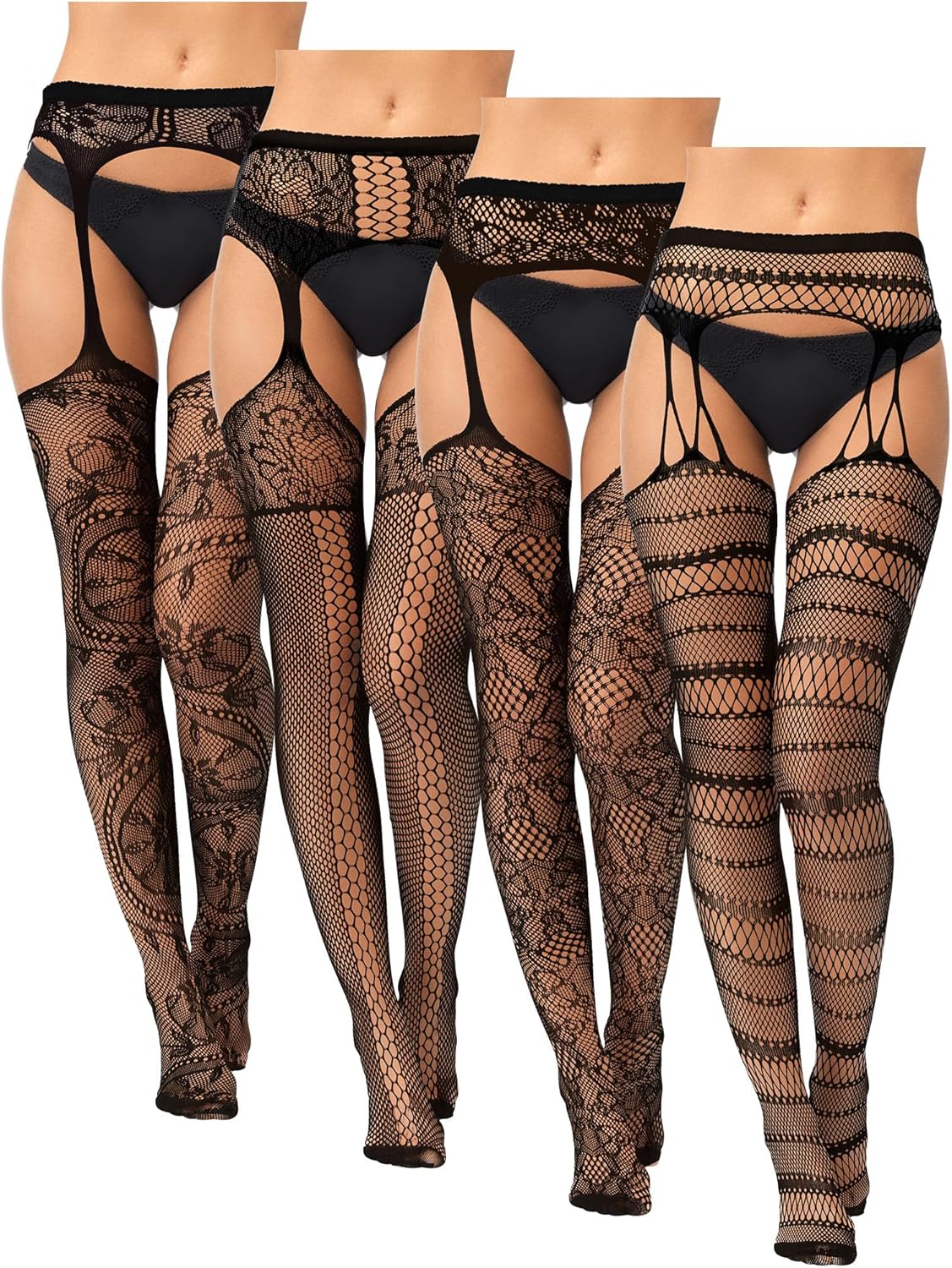 Bencailor 4 Pairs Women Fishnet Thigh High Stockings Suspender Patterned Tights Black Garter Belts Pantyhose Tights for Women