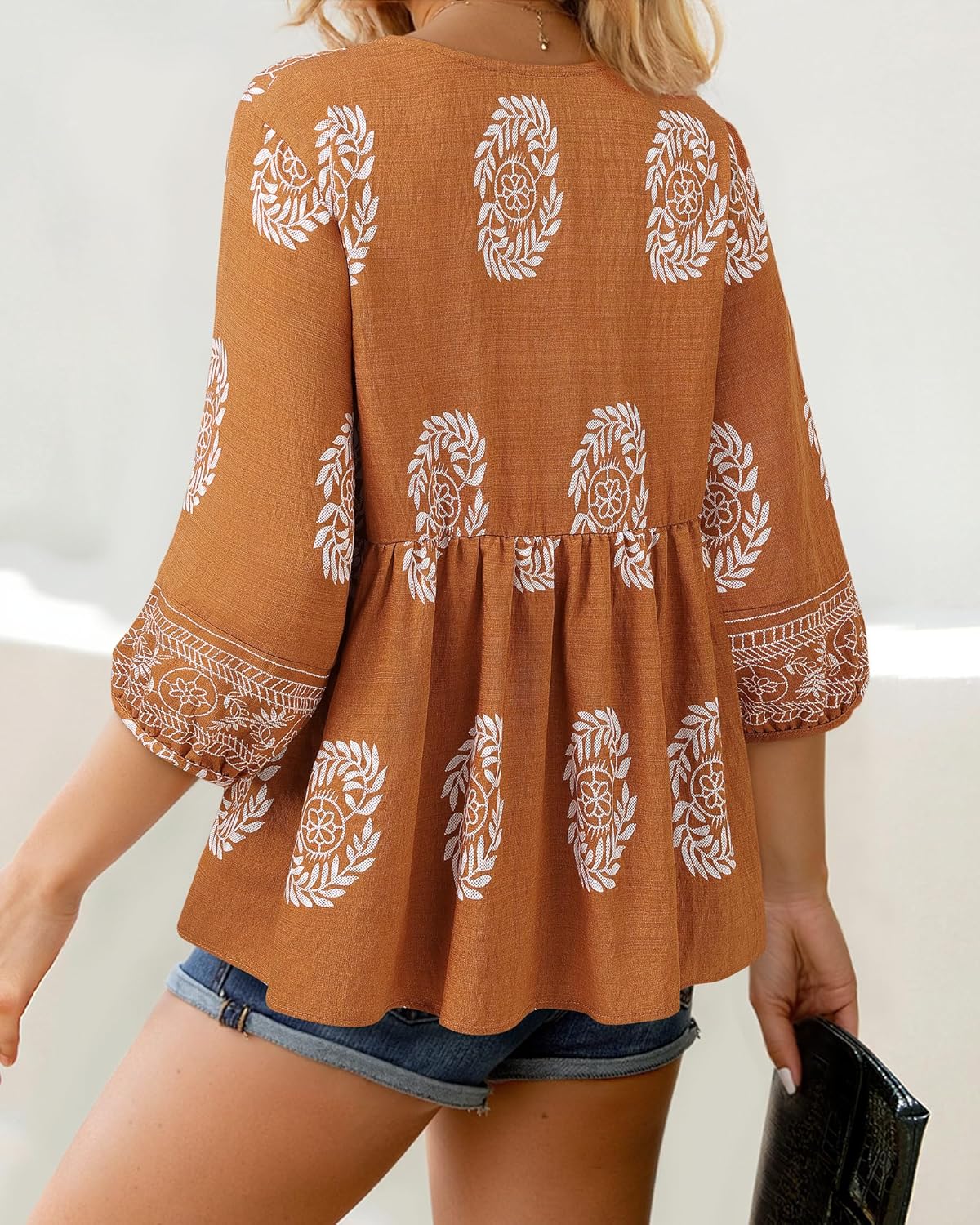 Vivilli Womens Summer Boho Babydoll Tops 3/4 Sleeve Pleated Peplum Blouses Casual V Neck Tie Front 2026 Tunic Tops - Image 3