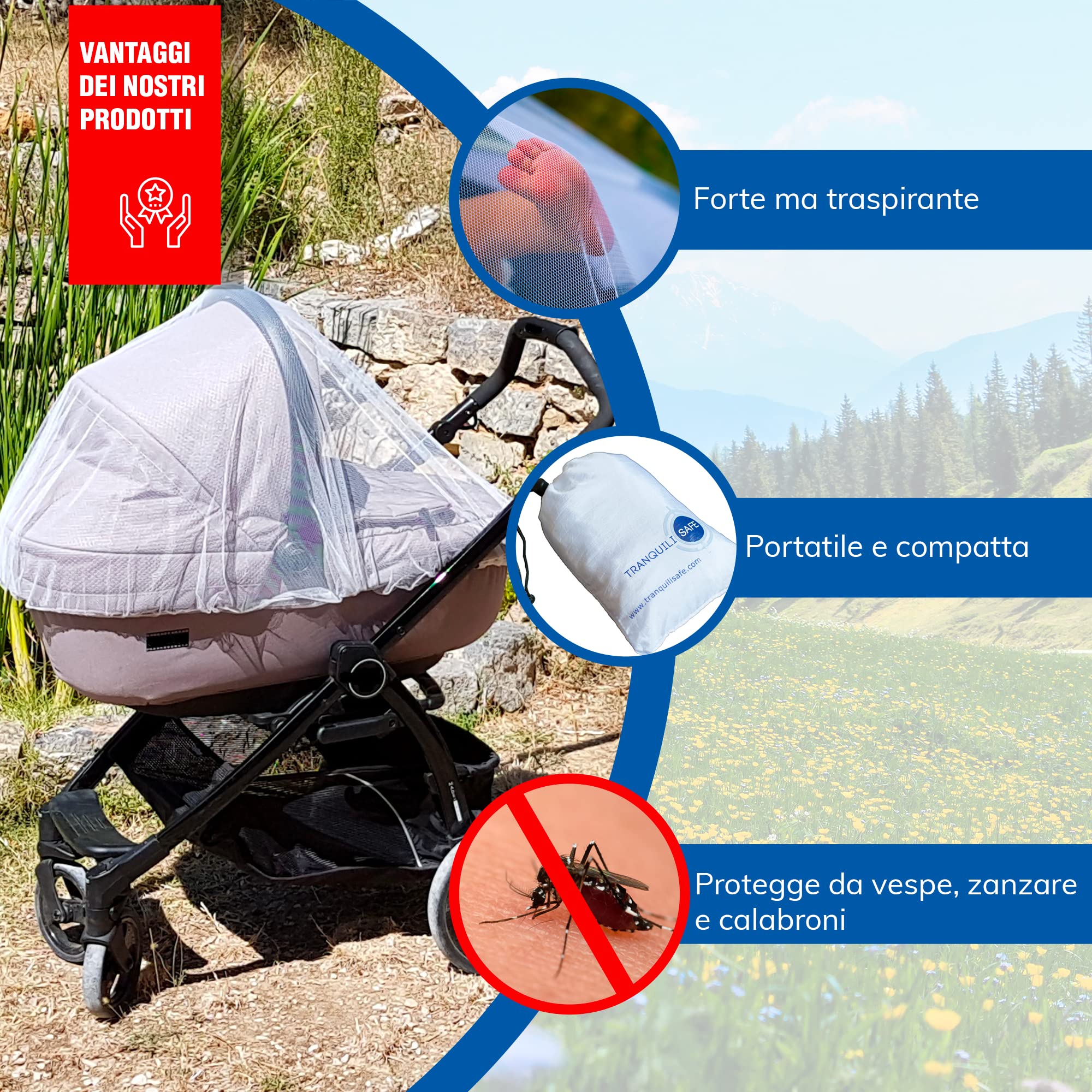 Zanzariera Universale TRANQUILISAFE® - Zanzariera per carrozzina, passegino, culla e lettino neonato di tutte le dimensioni - Protezione Antizanzare e Anti mosche - borsa di stoccaggio GRATUITA