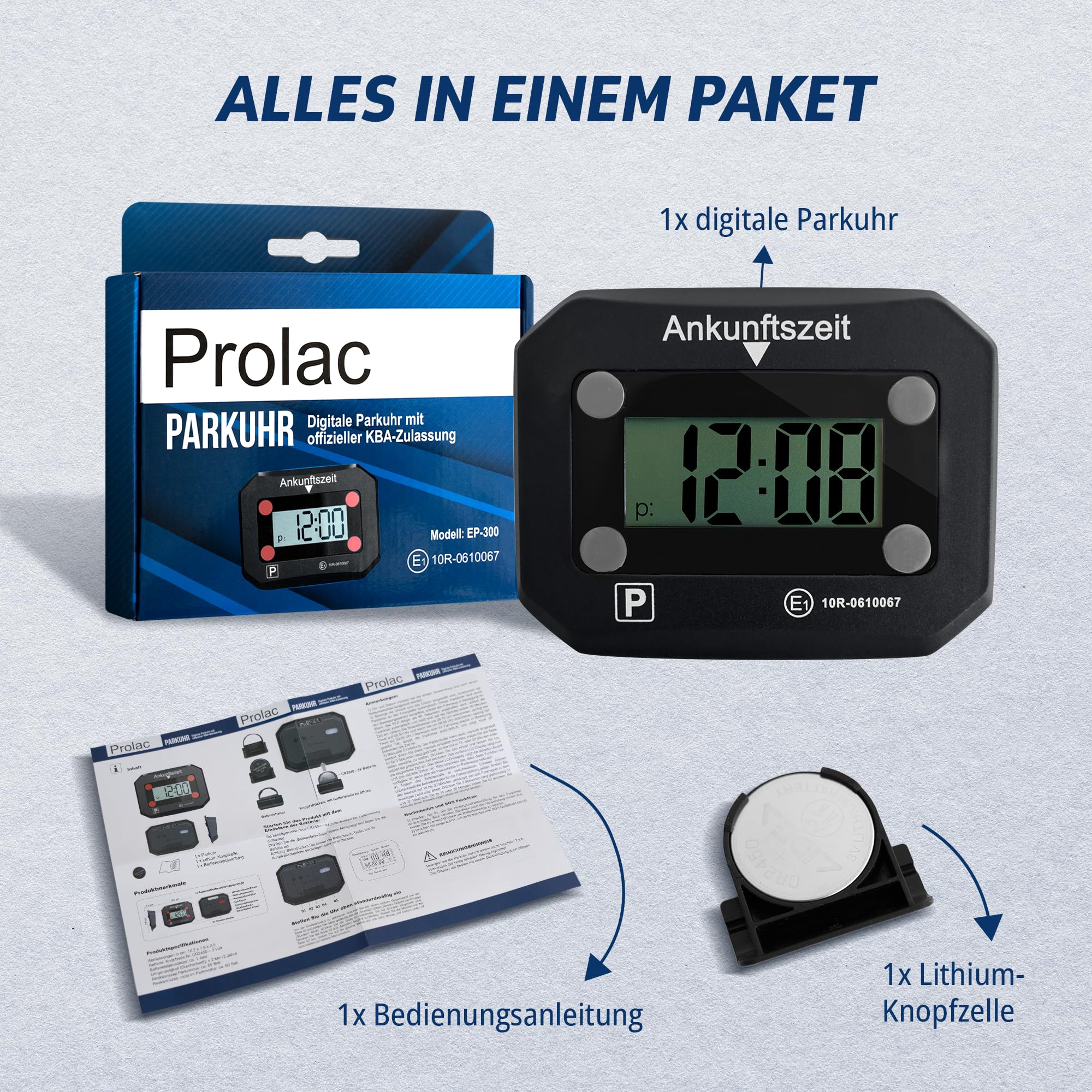 PROlac Elektronische Parkscheibe mit offizieller KBA Zulassung – Intelligente Parkscheibe elektrisch mit Zulassung – Digitale Parkscheibe Auto mit Nachtmodus und Taktungseinstellung (Schwarz)