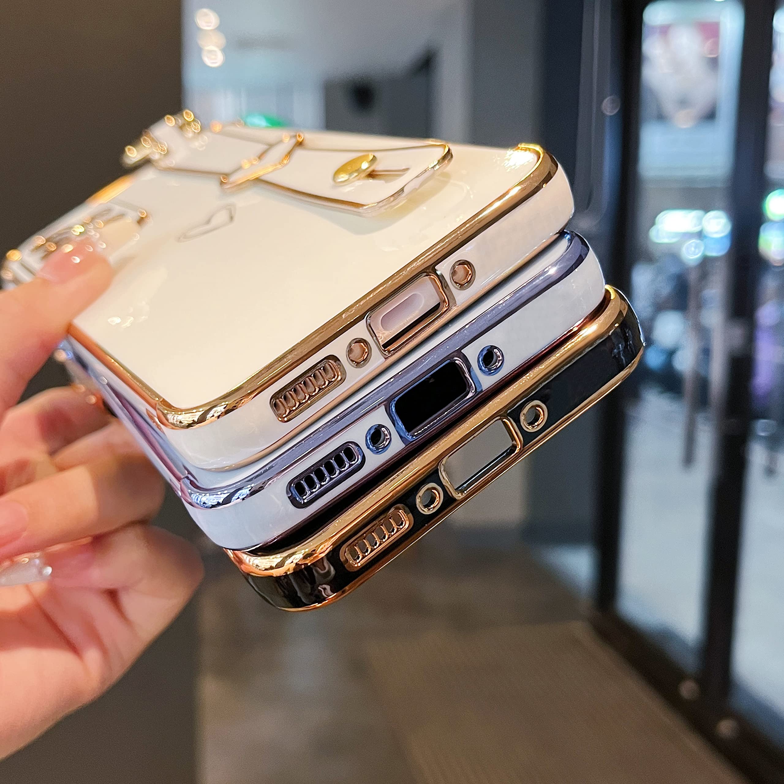 ZTOFERA Compatible With IPhone 14 Pro Case With Wrist Strap, Flexible Silicone Protective Phone Case With Cute Heart Pattern Hand Strap Stand Finger Holder Plating Trim Shockproof Cover, Sierra Blue