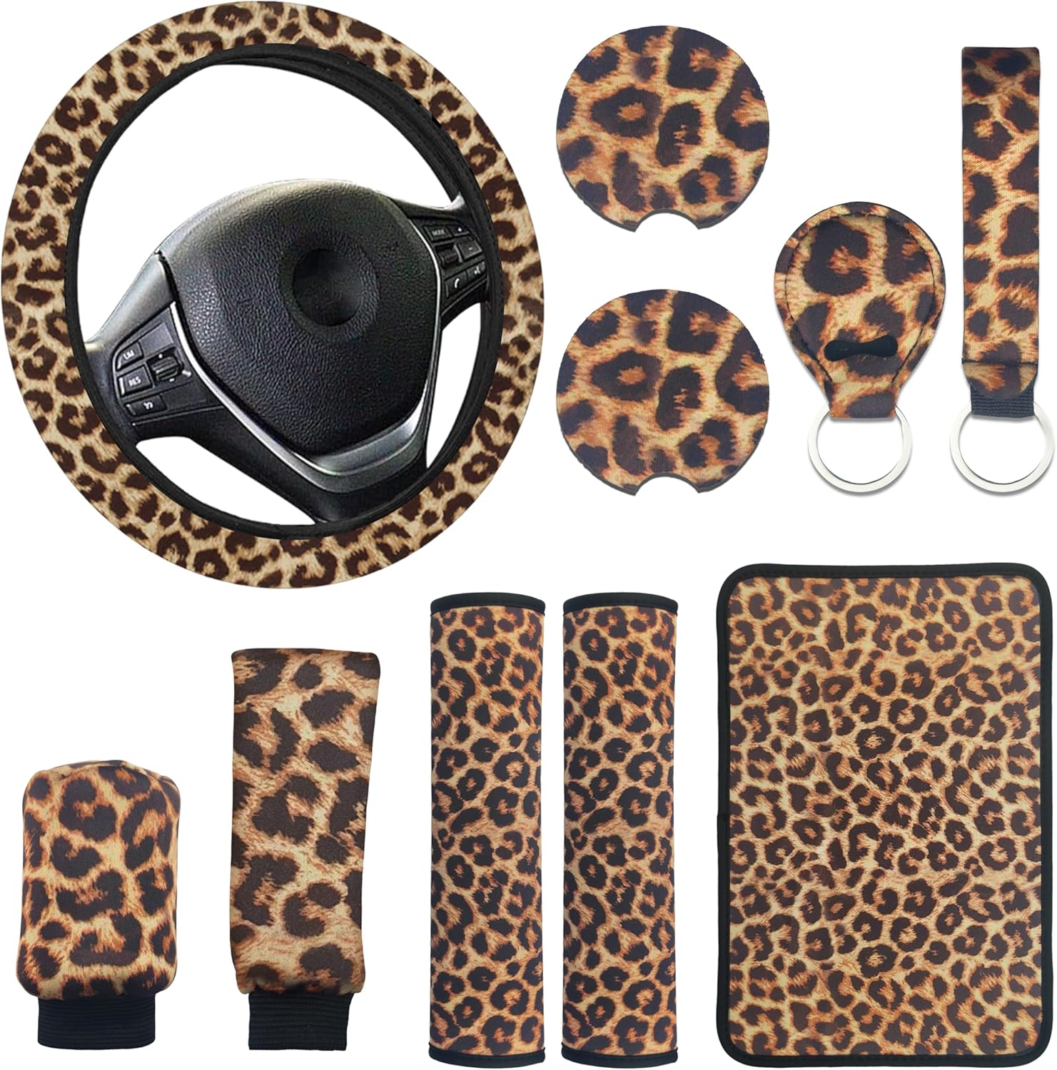 10 Pieces Leopard Print Printing Car Steering Wheel Cover Center Console Armrest Pad Headrest Seat Belt Cover Handbrake Cover Keychain Coaster Full Set Car SUV(Brown)