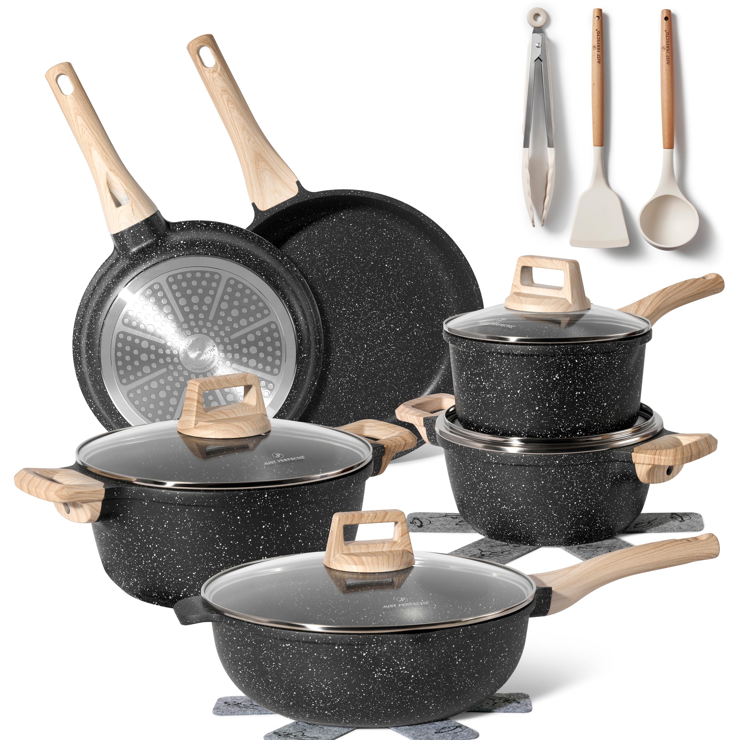 Just Perfect Kitchen Pot & Patelni Set Non-Stick 21 Pieces, Nieprzywierająca bateria kuchenna Aluminium, do wszystkich kuchenek, nawet indukcyjnych, garnków kuchennych z pokrywkami