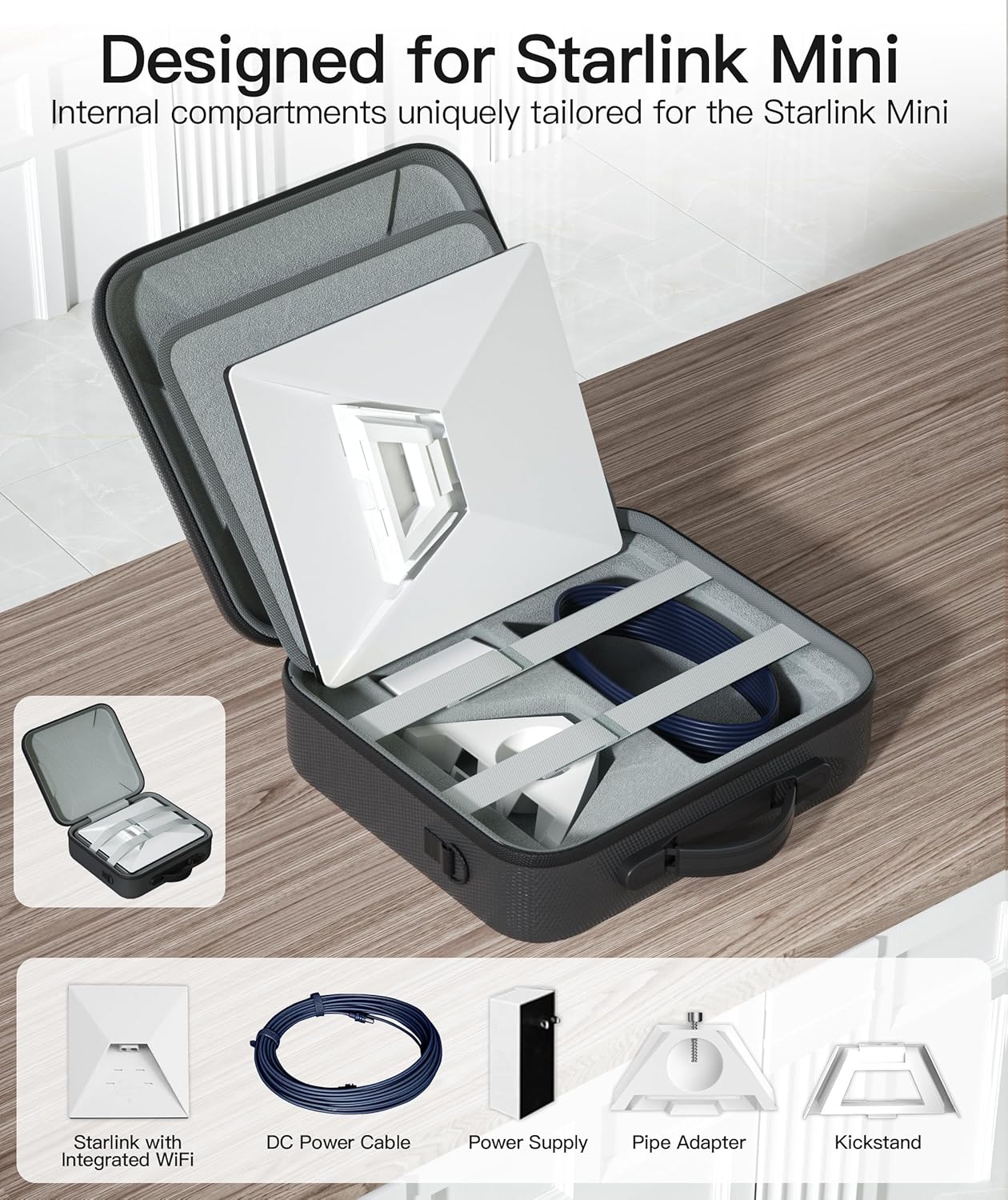 Hard Case Compatible with Starlink Mini for Protection, Travel Carrying Case with Customized Internal Sections for Kickstand, Power Adapter, Pipe Adapter, Cables black