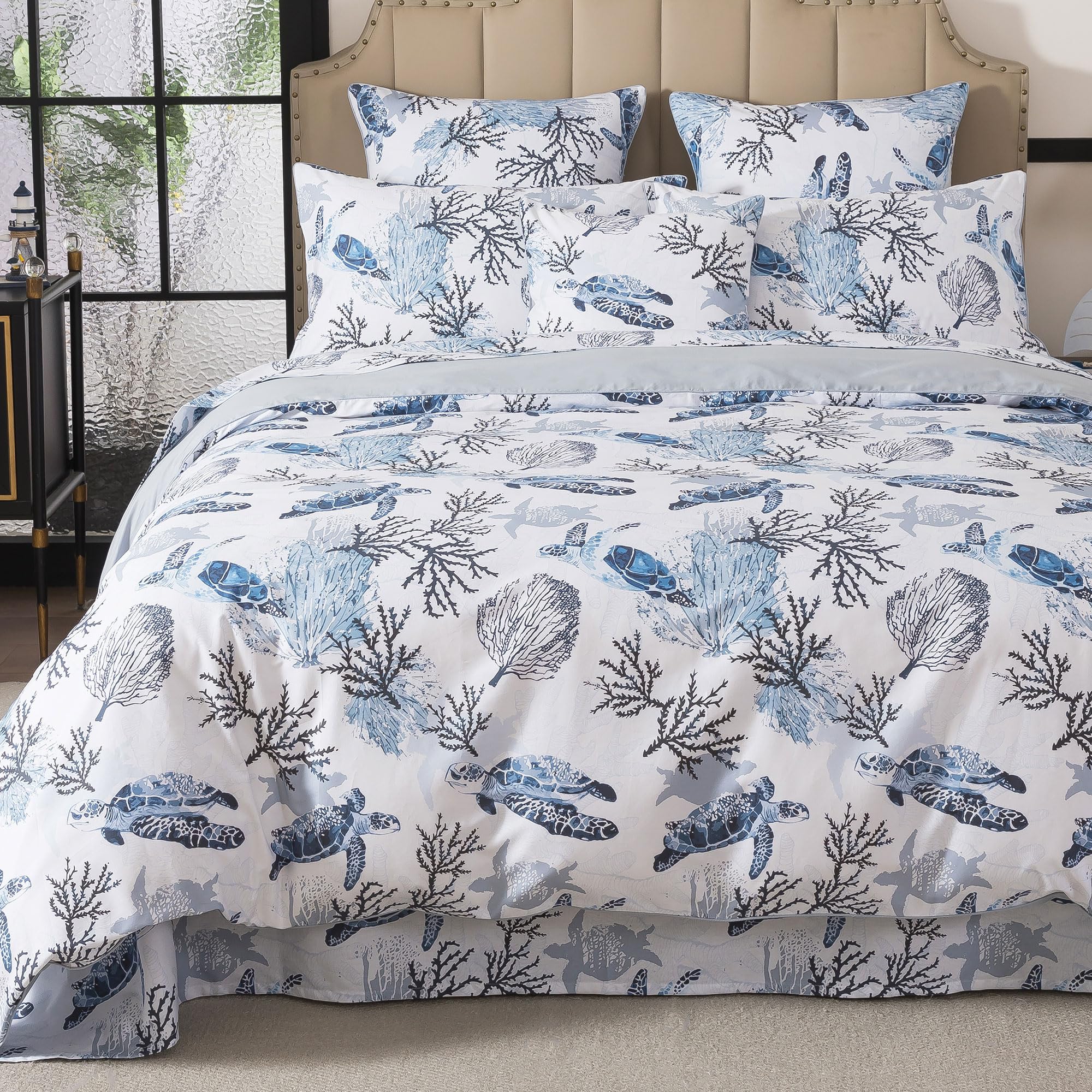 FADFAY Duvet Cover Set Twin XL Beach Themed Bedding Sets 100% Cotton Super Soft Coastal Bedding White Teal Nautical Bedding with Hidden Zipper Closure 3 Pieces Twin Extra Long Size for Dorm Room
