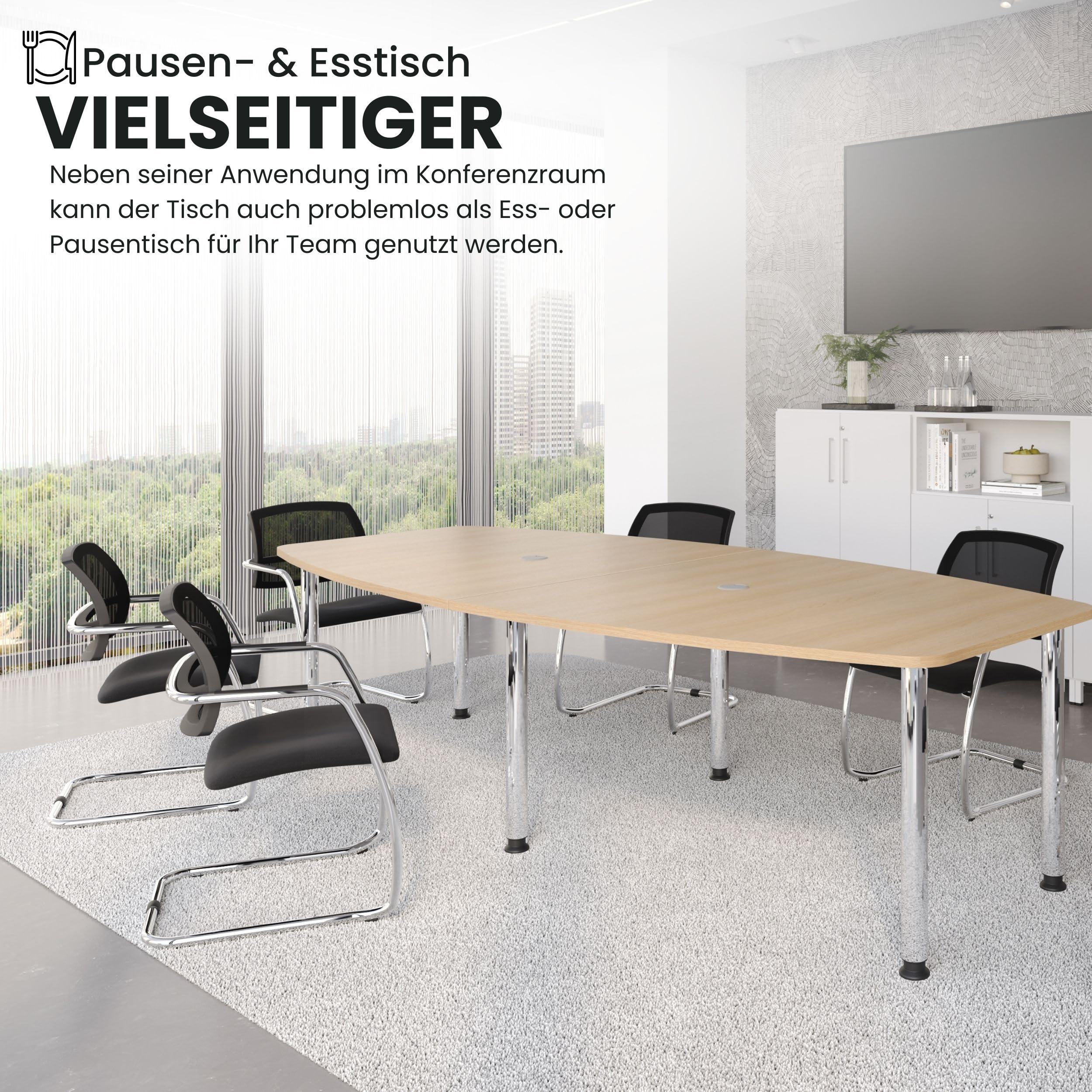 Bümö Konferenztisch oval 220x103 cm großer Besprechungstisch in Ahorn, Besprechungstisch mit Chromfüßen, Meetingtisch für 8 Personen, XXL-Tisch für Besprechungsraum & Meeting