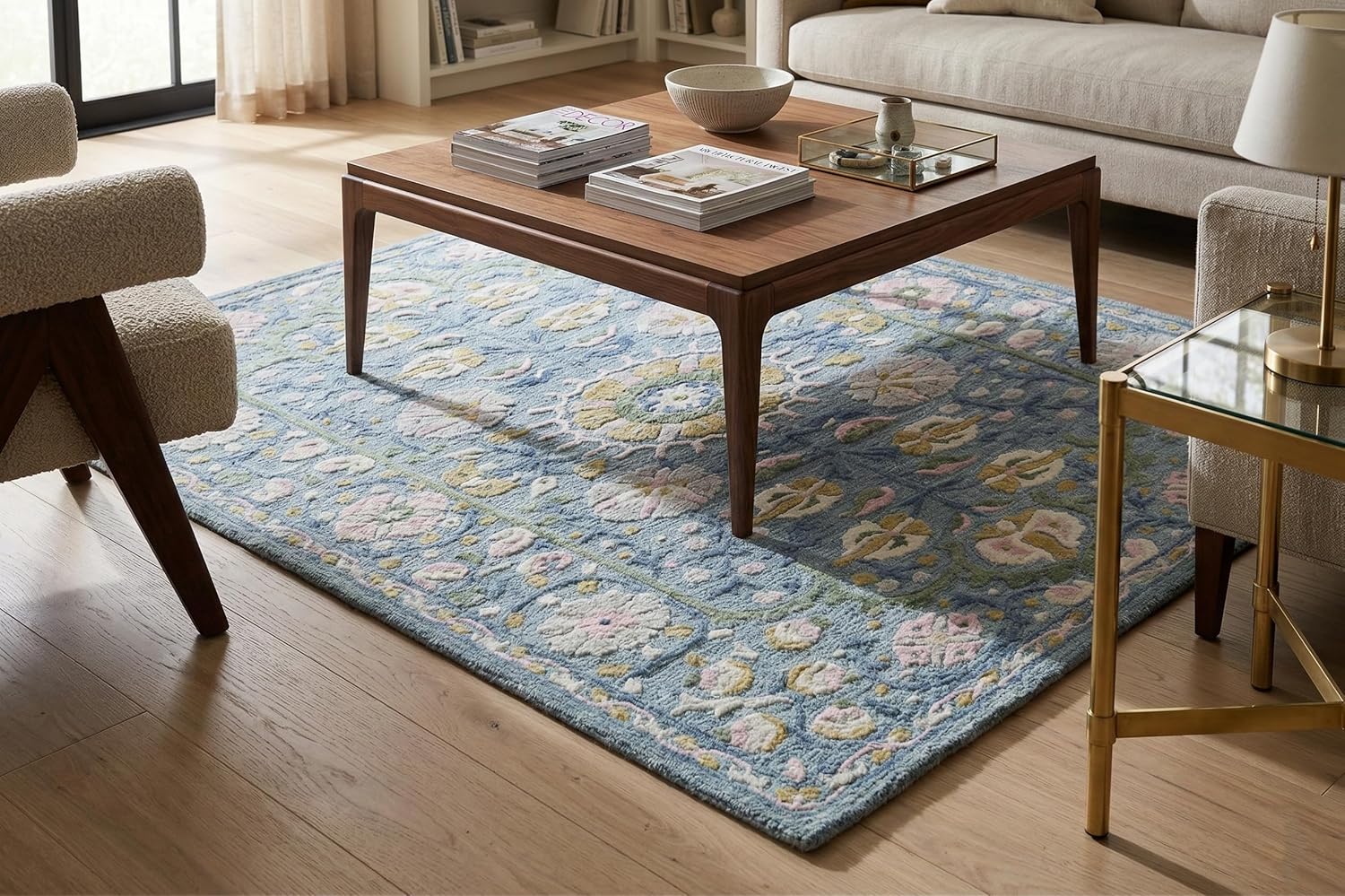 Hand-Tufted Wool & Viscose Area Rug (4x6 Ft) - Blue with Delicate Floral Pattern, Luxurious Soft Pile Carpet for Living Room, Bedroom, and Hallway