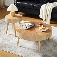 Vista 1 de Juego de 2 mesas de centro redondas anidables de AVZEAR, mesa de café moderna de estilo granja, mesas anidables de madera natural estilo boho, mesa