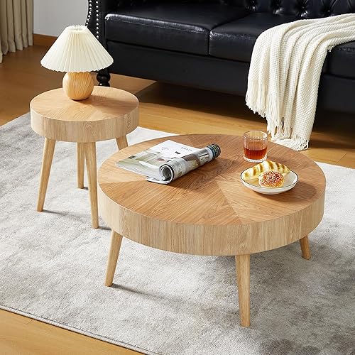 Juego de mesa auxiliar moderna de 2 piezas para sala de estar, diseño moderno de grano de madera, acabado de madera natural, mesa auxiliar y mesa