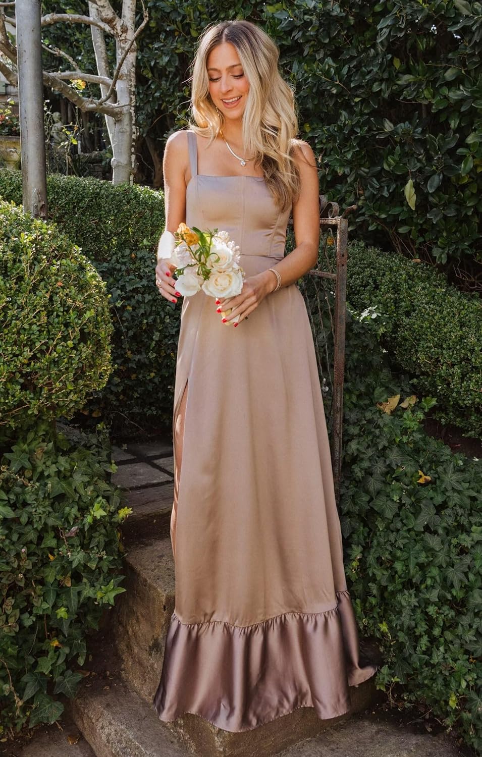 Satin Square Neck Bridesmaid Dresses for Women Long Ruffle Split Formal Evening Party Gowns