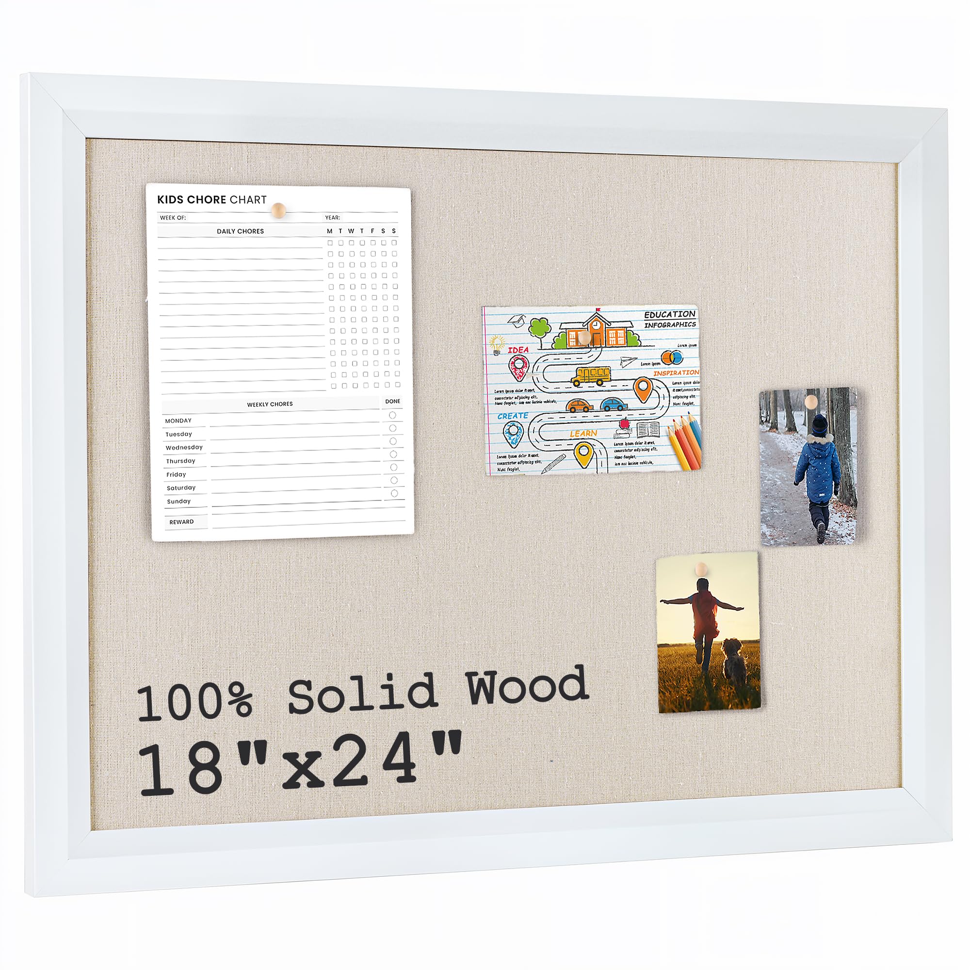 Bulletin Board Cork Board with Linen, 100% Wood Framed 18" x 24" Bulletin Board Decorations, Pin Boards for Walls, Wall Mounted Fabric Picture Board