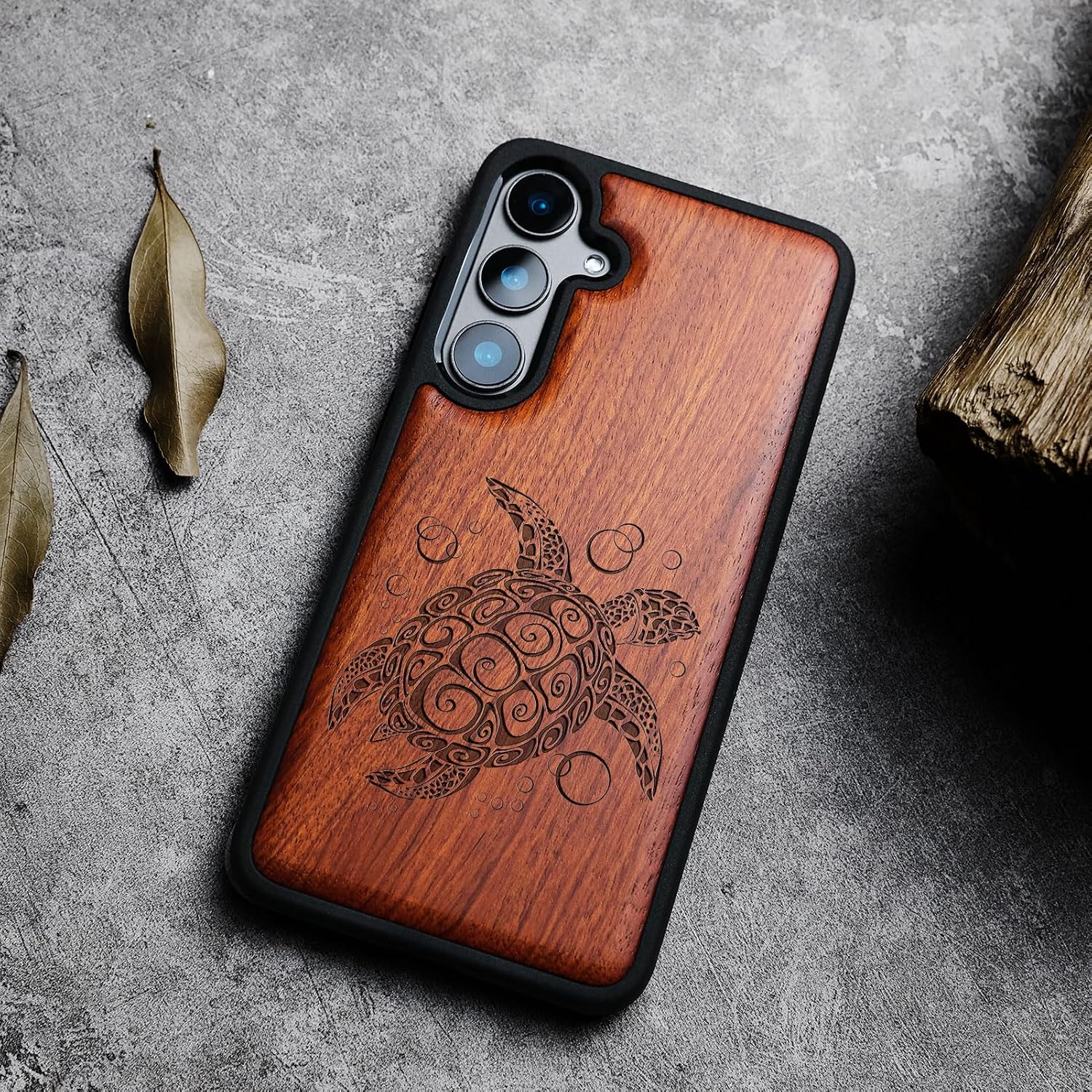 Carveit Wood Case for Galaxy S24 Case [Natural Wood & Black Soft TPU] Shockproof Protective Cover Unique Wooden Design Compatible with Samsung S24 (Sea Turtle-Rosy)