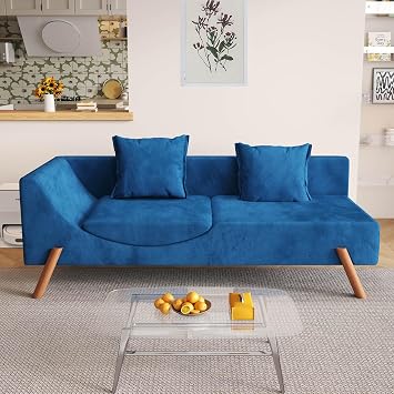 Velvet Convertible Futon Loveseat Sofa,65" Cut-and-Fill Chaise Longue,Tufted Loveseat Sofa Bed for Small Space,Sleeper Couch with Wooden Legs,Convertible Sleeper Sofa for Living Room Blue