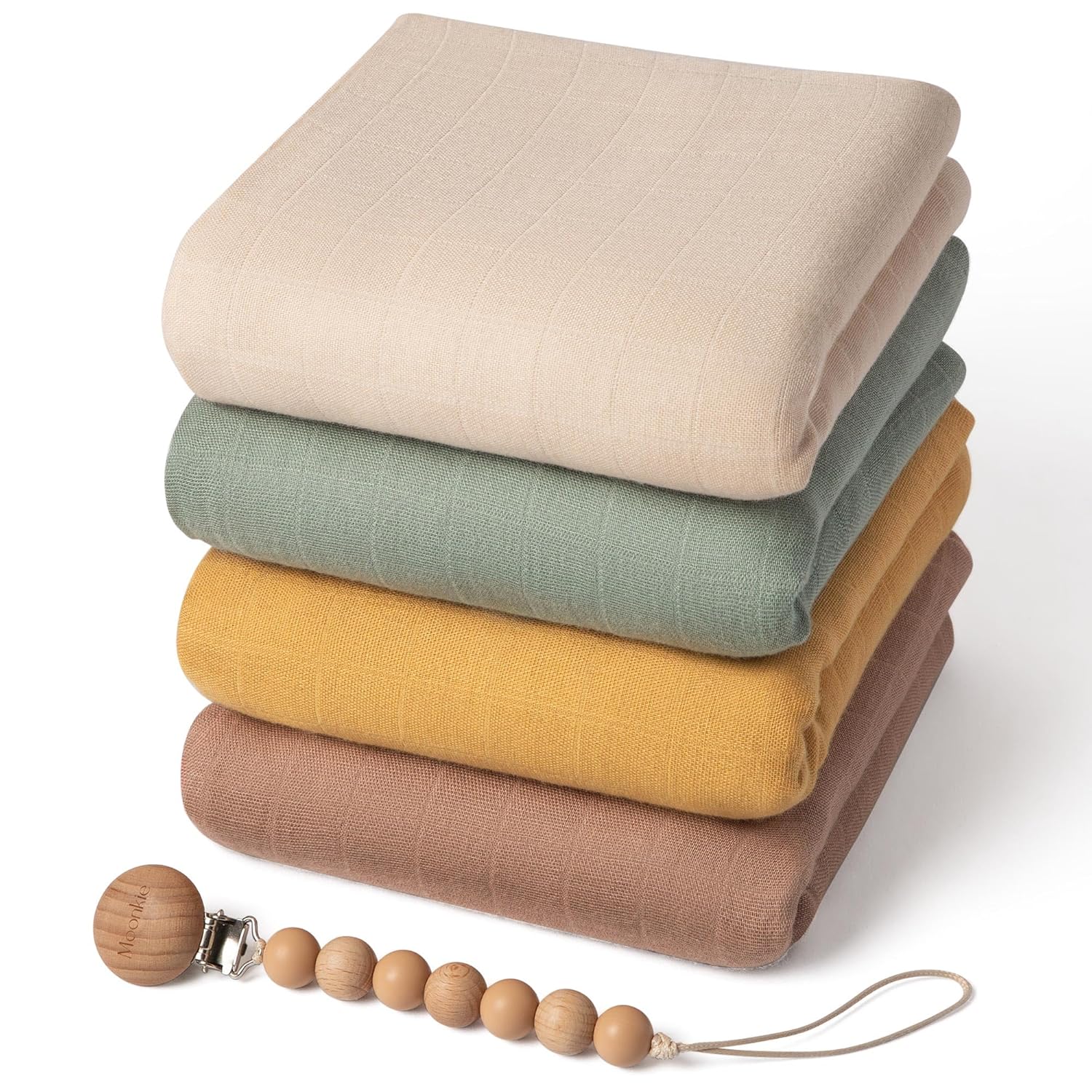 Moonkie Muslin Swaddle Blankets with Pacifier Clip, Soft Baby Blankets for Boys and Girls, Breathable Receiving Blankets, Baby Swaddles Wrap for Newborns, Toddler Essentials, 47 x 47 inches, 4 Pack