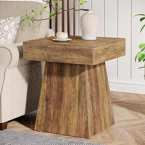Miniatura 3 de Tribesigns Juego de 2 mesas auxiliares pequeñas, mesa auxiliar cuadrada rústica con base ancha, mesita de noche pequeña de granja junto a la cama,