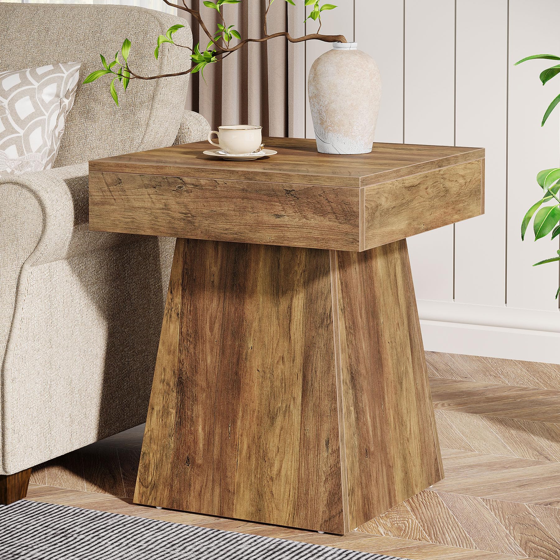 Tribesigns Small End Table Set of 2, Rustic Square Side Table with Wide Base, Farmhouse Small Nightstand Beside Bed, Next to Armchair, for Living Room, Brown