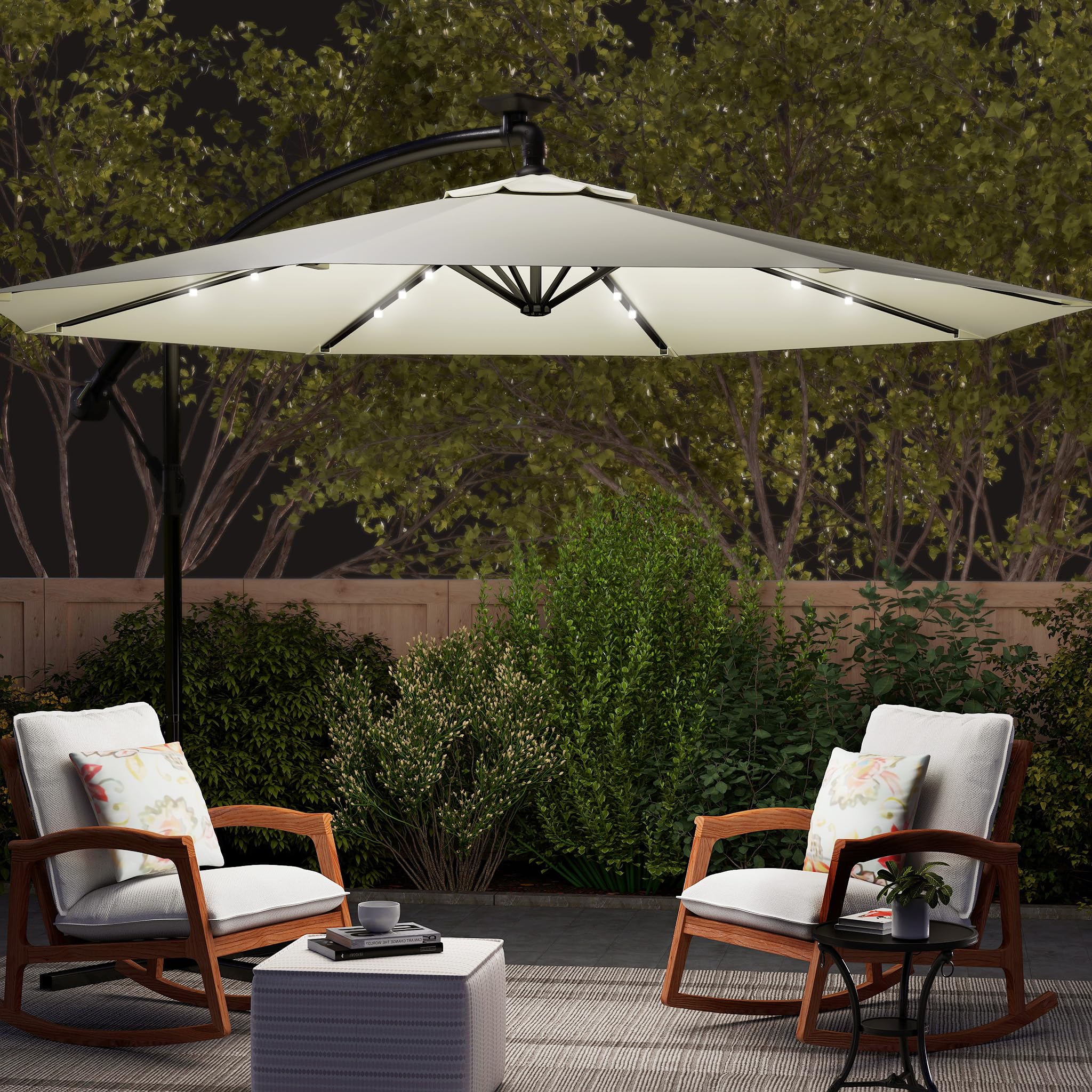 AufuN Sombrilla de aluminio de 300 cm de diámetro, 350 cm de diámetro, con iluminación solar LED, sombrilla con manivela, altura regulable, protección UV 40+, toldo impermeable, 8 puntales