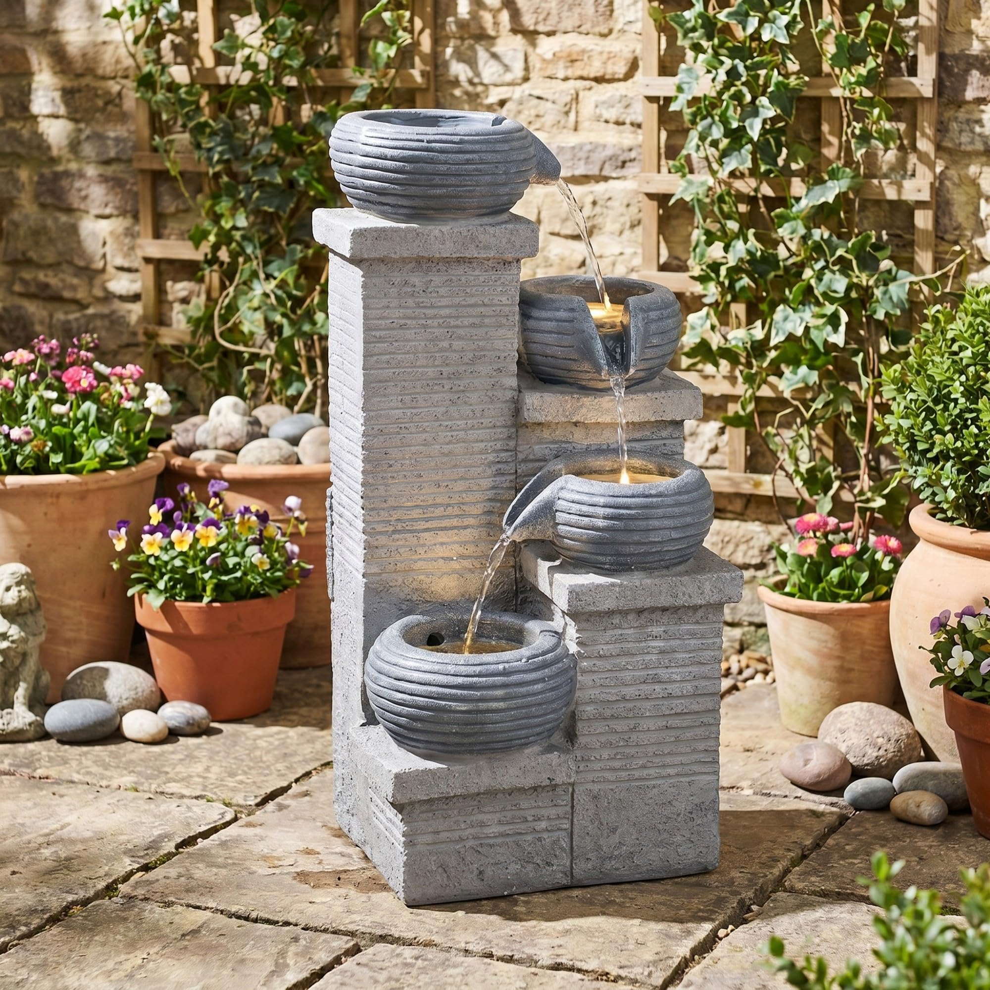 HOMASIS Fontaine de Jardin, Fontaine d'eau Extérieure 4 Niveaux avec Lumières LED, Pompe à Eau, Débit Réglable, Résine et Fibre de Verre, Cascade Décoration pour Patio Balcon, 27 x 24 x 58 cm