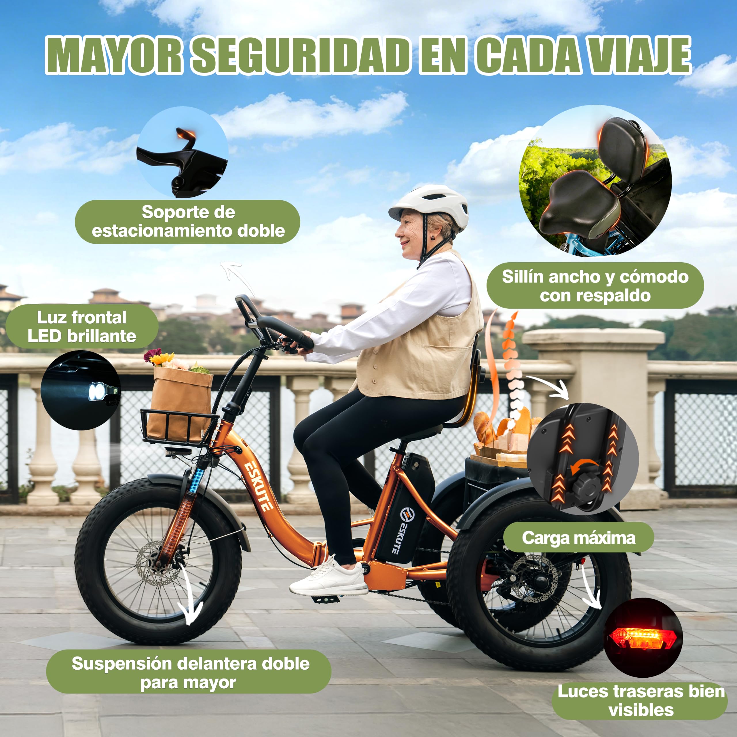 ESKUTE Triciclo eléctrico para adultos T302 Pro, Fat Bike eléctrica 20 × 4.0, plegable, con batería extraíble de 48 V y 20,8 Ah, eBike de tres ruedas con motor de 65 Nm, cambio de 7 velocidades