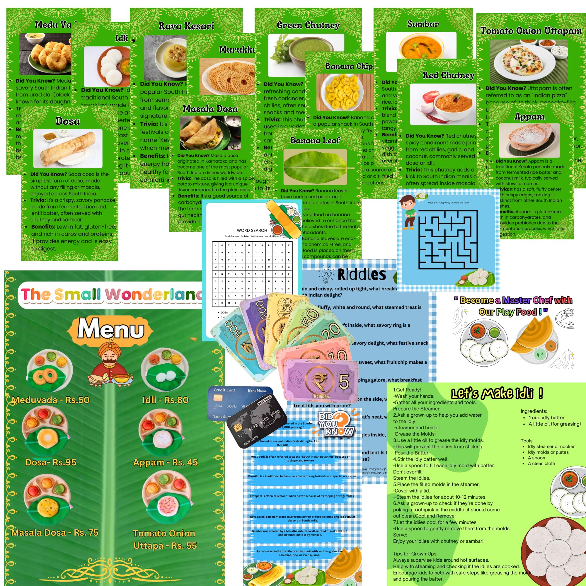 The Small Wonderland Bahubali Thali 20-Piece South Indian Kitchen Play Food Set – Soft Fabric Dosa, Idli, Sambar, Chutney & Traditional Accessories | Kids Kitchen Role Play Toy