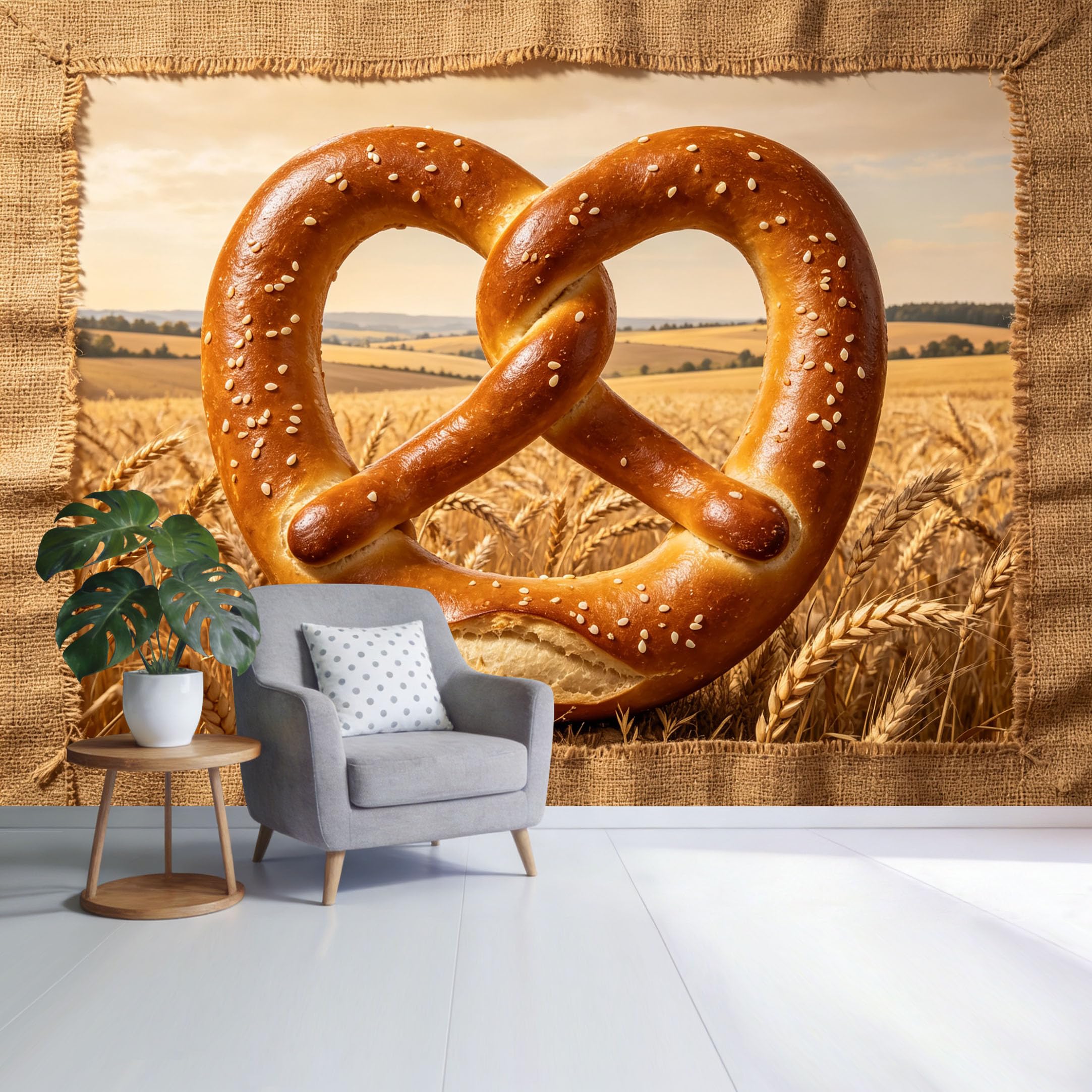 Custom Size Wall Mural Golden Pretzel Wheat Field Landscape Rustic Bakery Theme SelfAdhesive Wall Fabric Removable Wallpaper for Home Office Decor