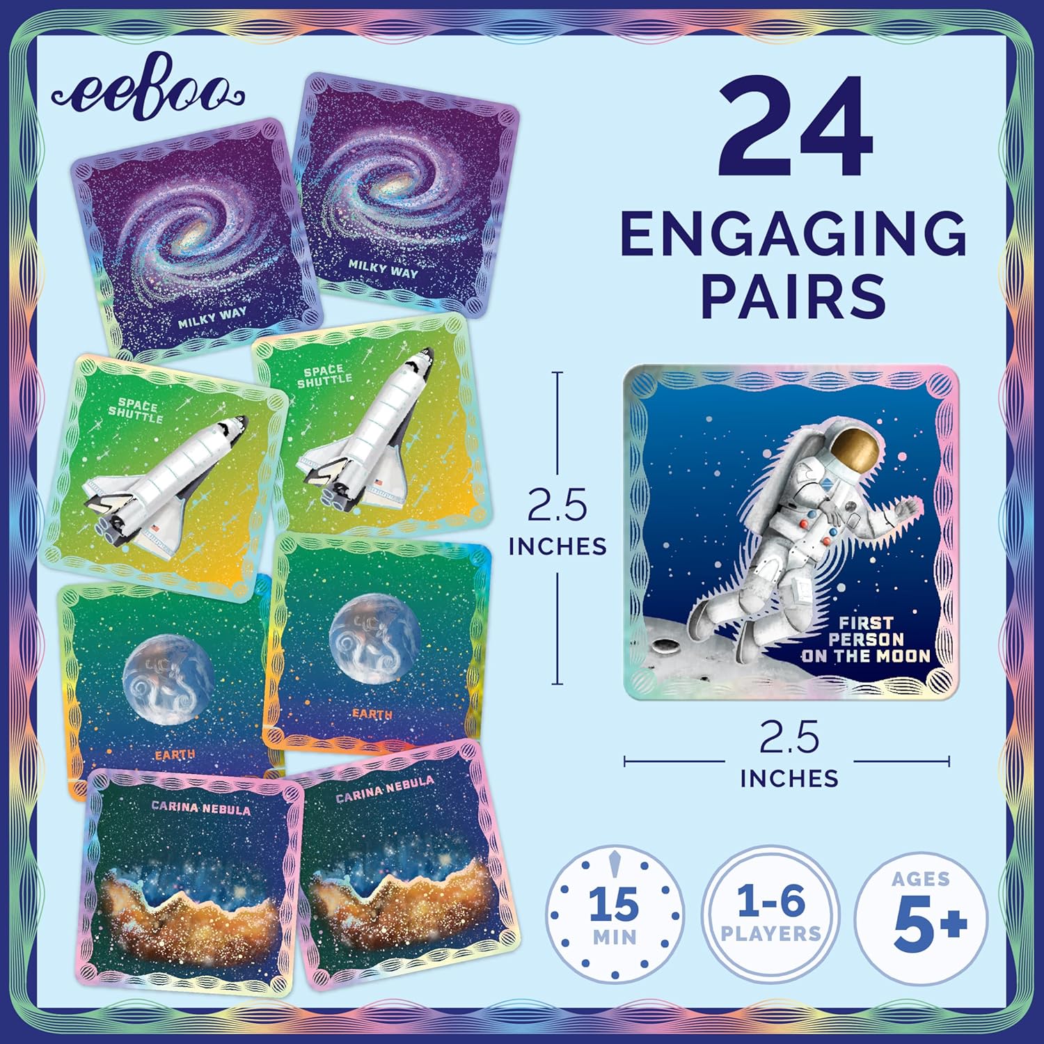 eeBoo: Memory & Matching Game- Shiny Space, 24 Pairs to Match & Memorize, Colorful Tiles, Encourages Recognition & Concentration Skills, Kids 5+