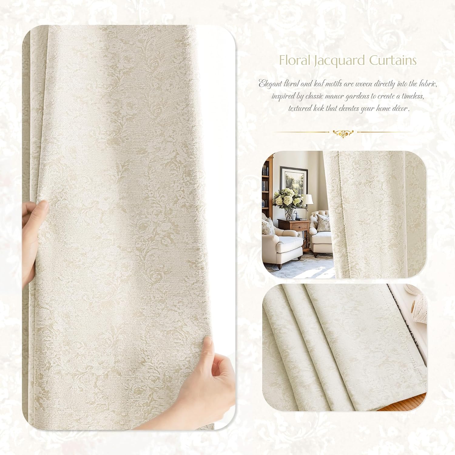 Light Beige Floral Jacquard Blackout Curtains 84 Inches Long for Living Room Bedroom Cream Chenille Flower Room Darkening Thermal Insulated Soundproof Grommet Window Drapes 2 Panels