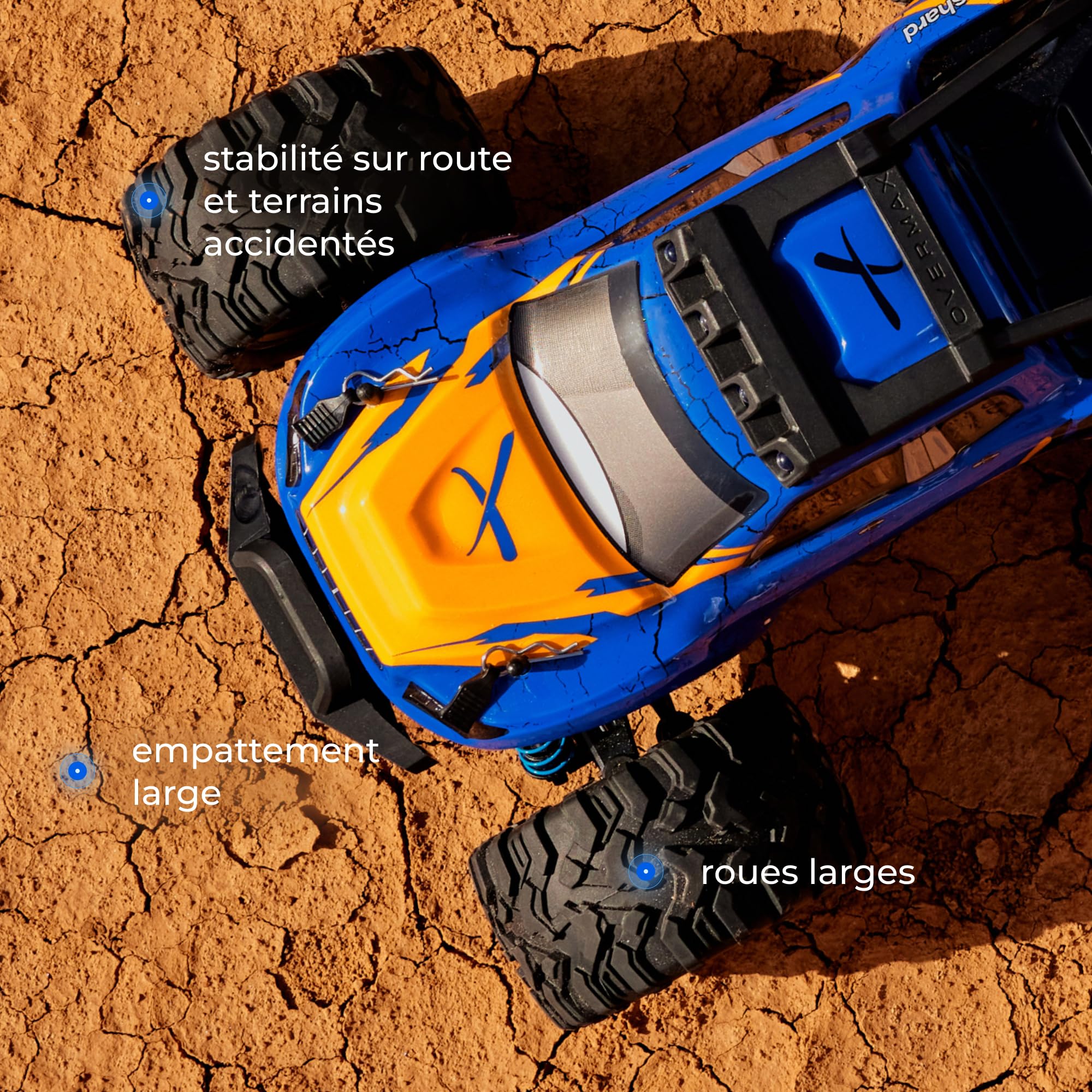 Overmax X-Shard Voiture télécommandée 4WD 1:16 tout-terrain jusqu'à 30 km/h, avec limiteur de vitesse, 2,4 GHz RC Monster Truck avec entraînement en métal, amortisseurs, portée de 90 m, pour enfants à
