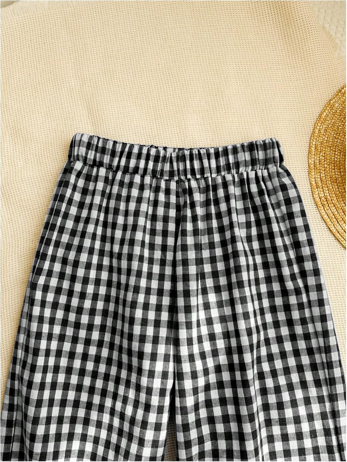 SweatyRocks Girl's Elastic Waist Plaid Print Wide Leg Linen Pants Loose Long Trousers - Image 5