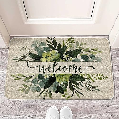 Miniatura 4 de Safarsa Tapete de bienvenida para exteriores, tapete de eucalipto con hojas florales de 30 x 17 pulgadas, antideslizante, lavable, tapete para