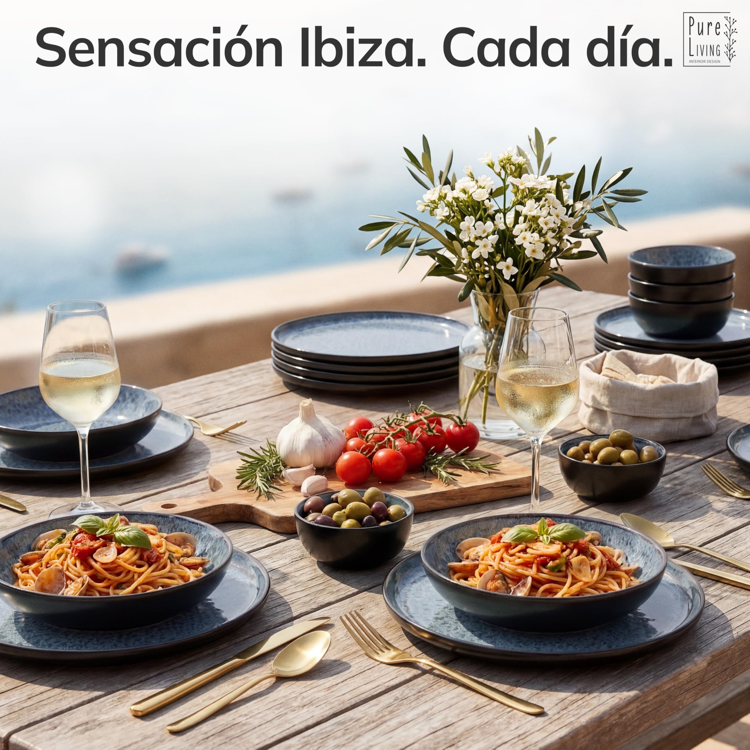 Juego de 6 Platos Grandes de Gres Ibiza - Elegantes Platos para Comida, Apto para Lavavajillas y Microondas - Set de Vajilla para 6 Personas - Pure Living en azul humo