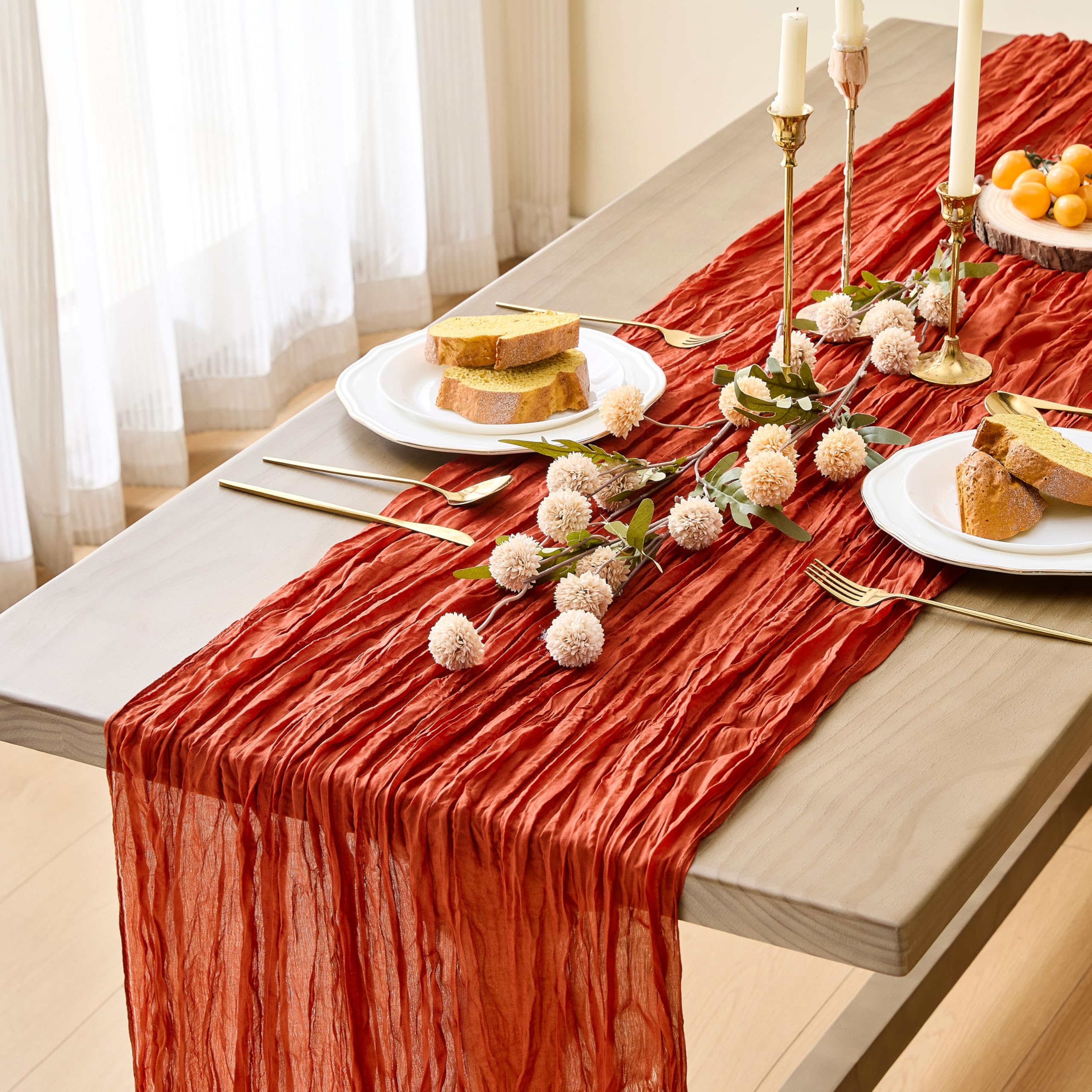 MAIBAOTA terracotta Cheesecloth Table Runner 90 x 300 cm Boho Rustic Gauze Cheese Cloth Table Runners for Wedding Arch Chair Backs Decorations Birthday Party Baby Bridal Shower Decor