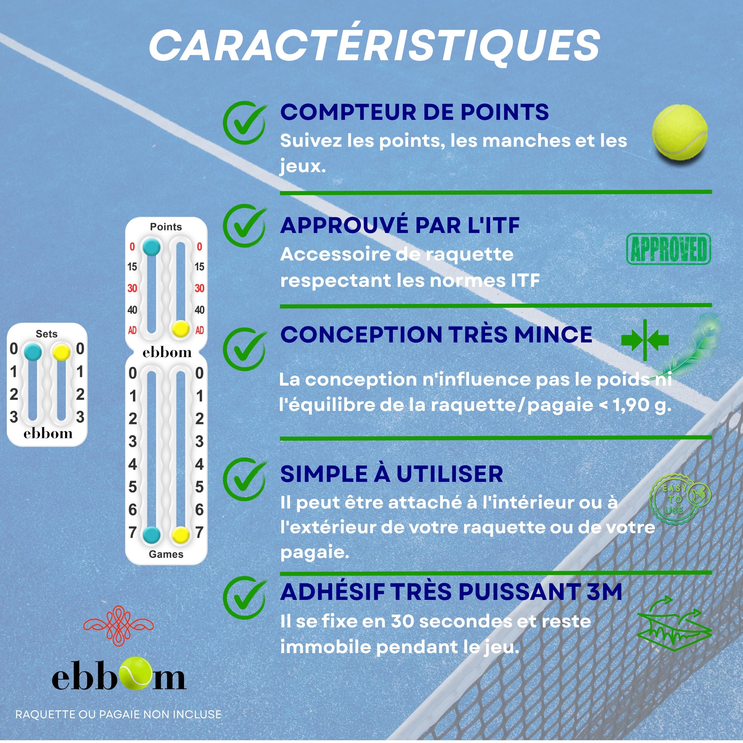 Compteur de Points Padel et Tennis Ultraléger avec Adhésif 3M - Inclus 2 Overgrips B/N et 1 Nettoyant – Adaptable à Toutes Les Raquettes et Palas – Accessoires Padel – Marqueur Padel