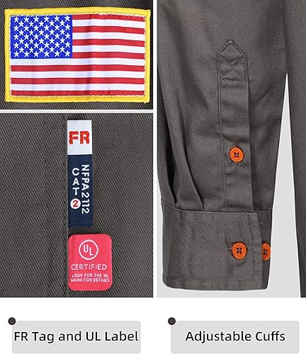Miniatura 27 de BOCOMAL Camisas FR para hombre, resistentes al fuego, peso ligero, NFPA2112, camisa de soldadura ignífuga, acabado repelente al agua y al aceite